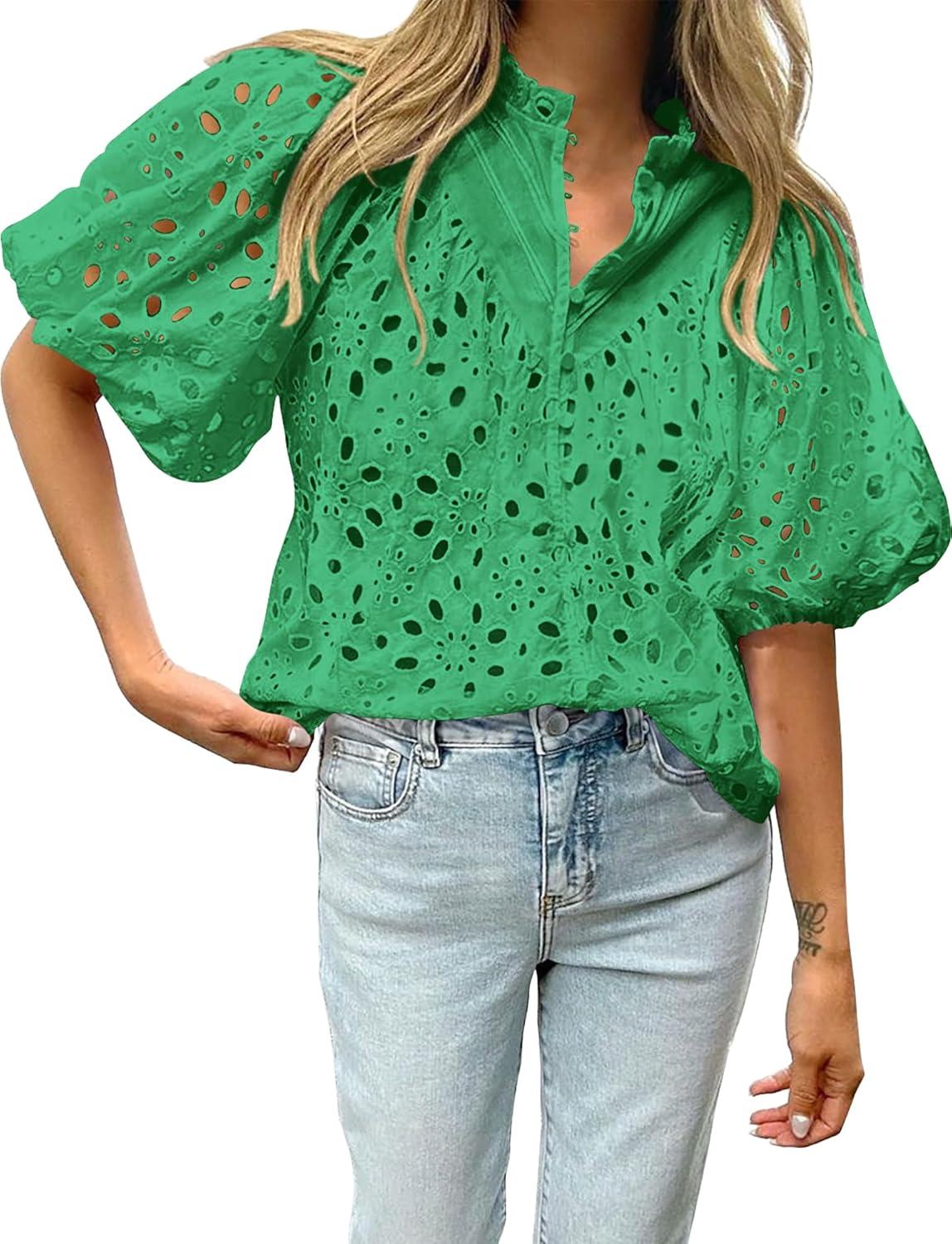 imageBTFBM Womens Blouses Summer Hollow Out Eyelet Embroidery Tops V Neck Buttons Puff Sleeve Boho Shirts Spring Fashion 2026Green