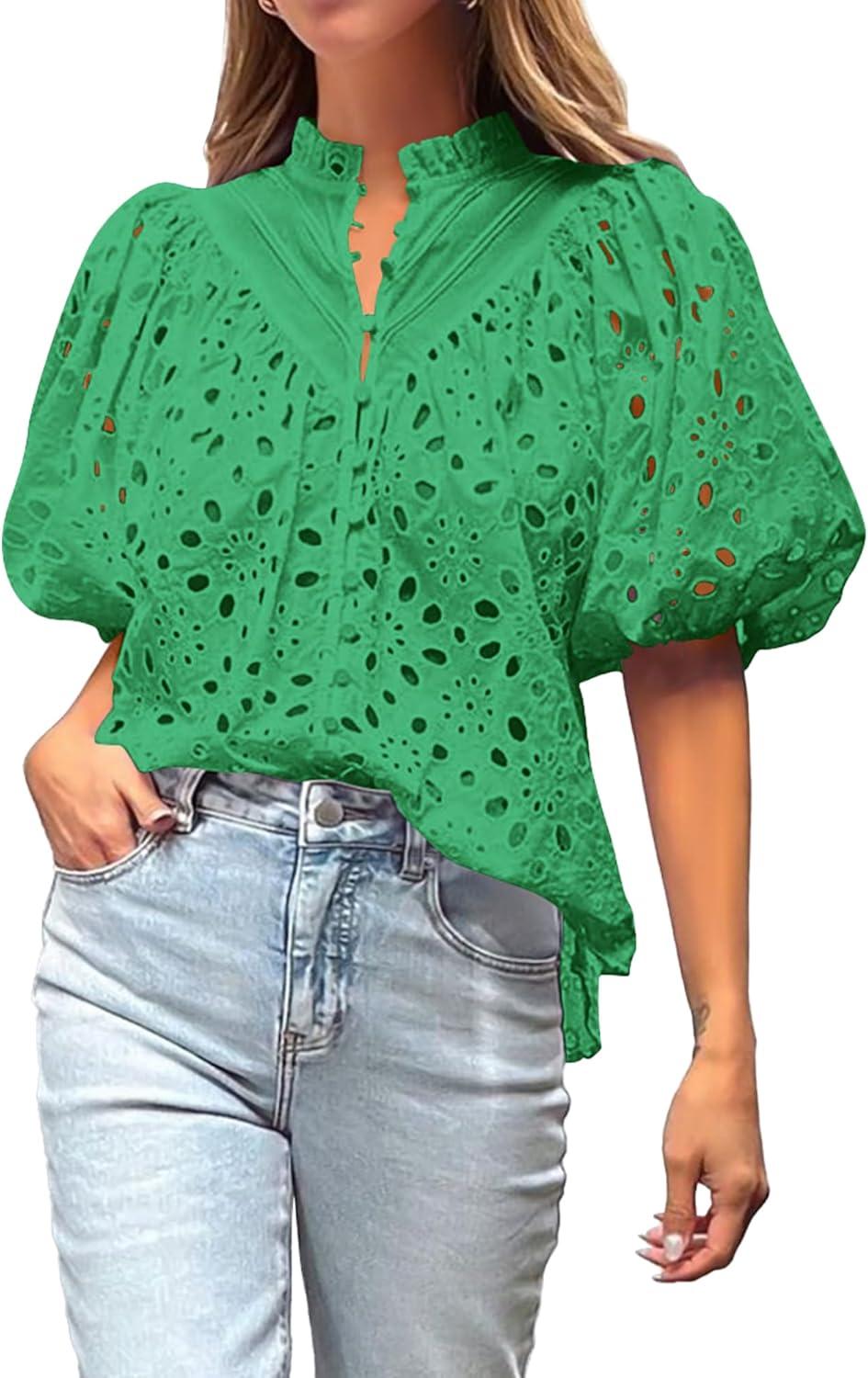 imageBTFBM Womens Blouses Summer Hollow Out Eyelet Embroidery Tops V Neck Buttons Puff Sleeve Boho Shirts Spring Fashion 2026Green