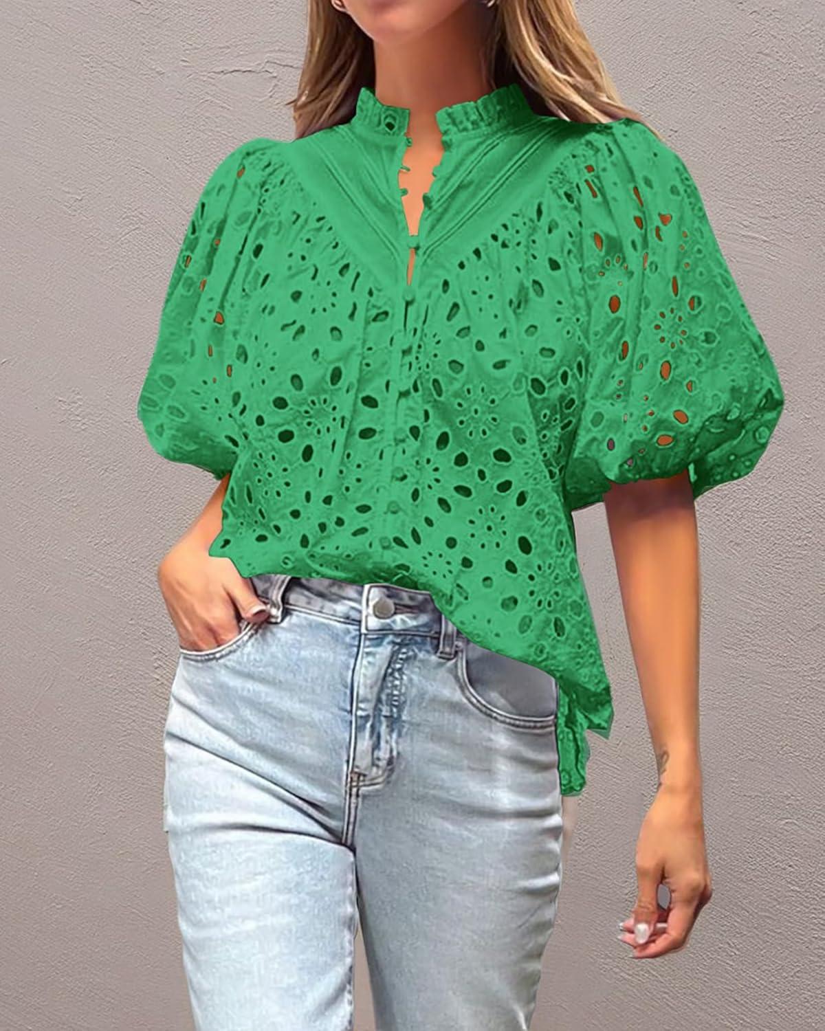 imageBTFBM Womens Blouses Summer Hollow Out Eyelet Embroidery Tops V Neck Buttons Puff Sleeve Boho Shirts Spring Fashion 2026Green