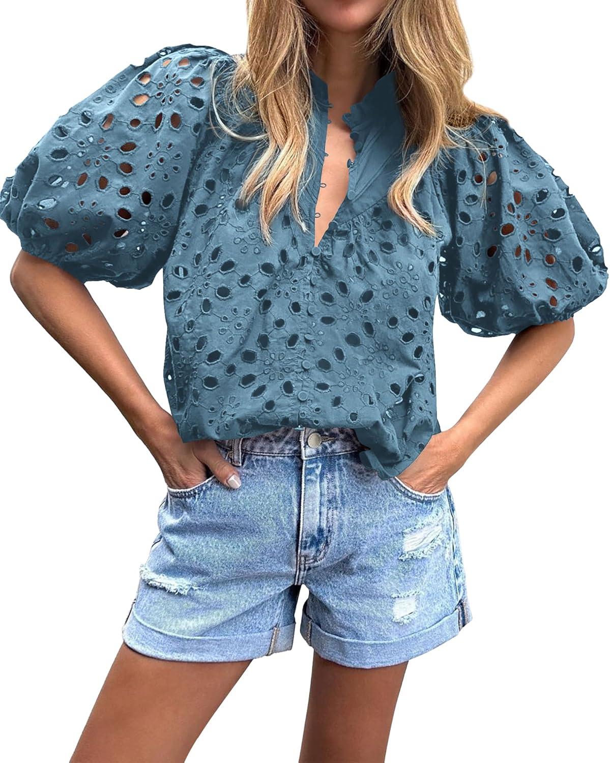 imageBTFBM Womens Blouses Summer Hollow Out Eyelet Embroidery Tops V Neck Buttons Puff Sleeve Boho Shirts Spring Fashion 2026Grey Blue