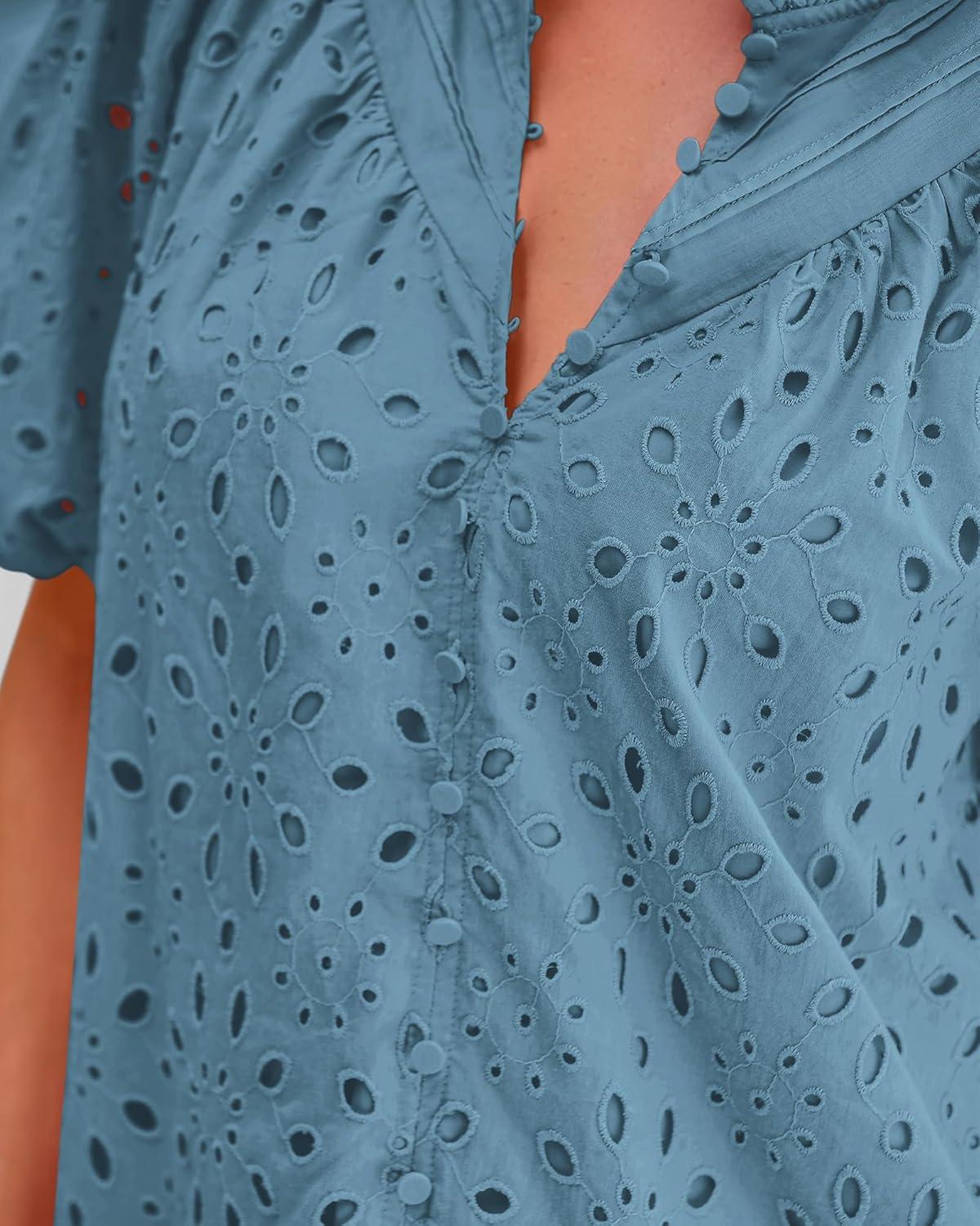 imageBTFBM Womens Blouses Summer Hollow Out Eyelet Embroidery Tops V Neck Buttons Puff Sleeve Boho Shirts Spring Fashion 2026Grey Blue