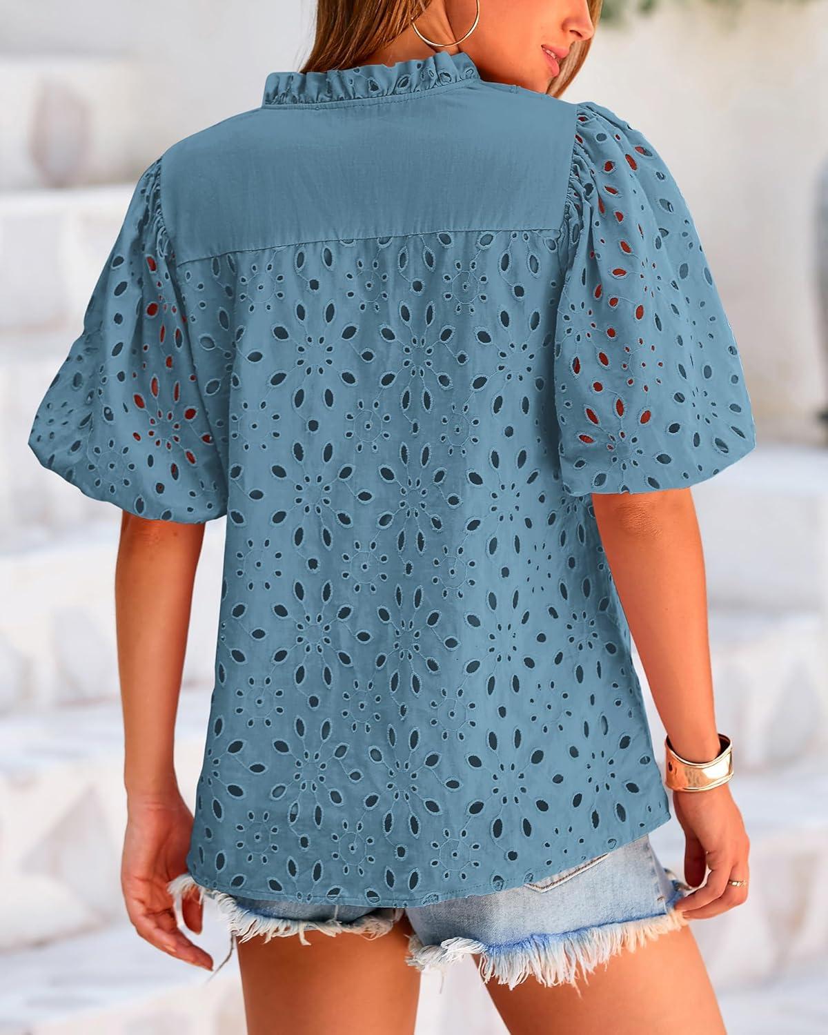 imageBTFBM Womens Blouses Summer Hollow Out Eyelet Embroidery Tops V Neck Buttons Puff Sleeve Boho Shirts Spring Fashion 2026Grey Blue