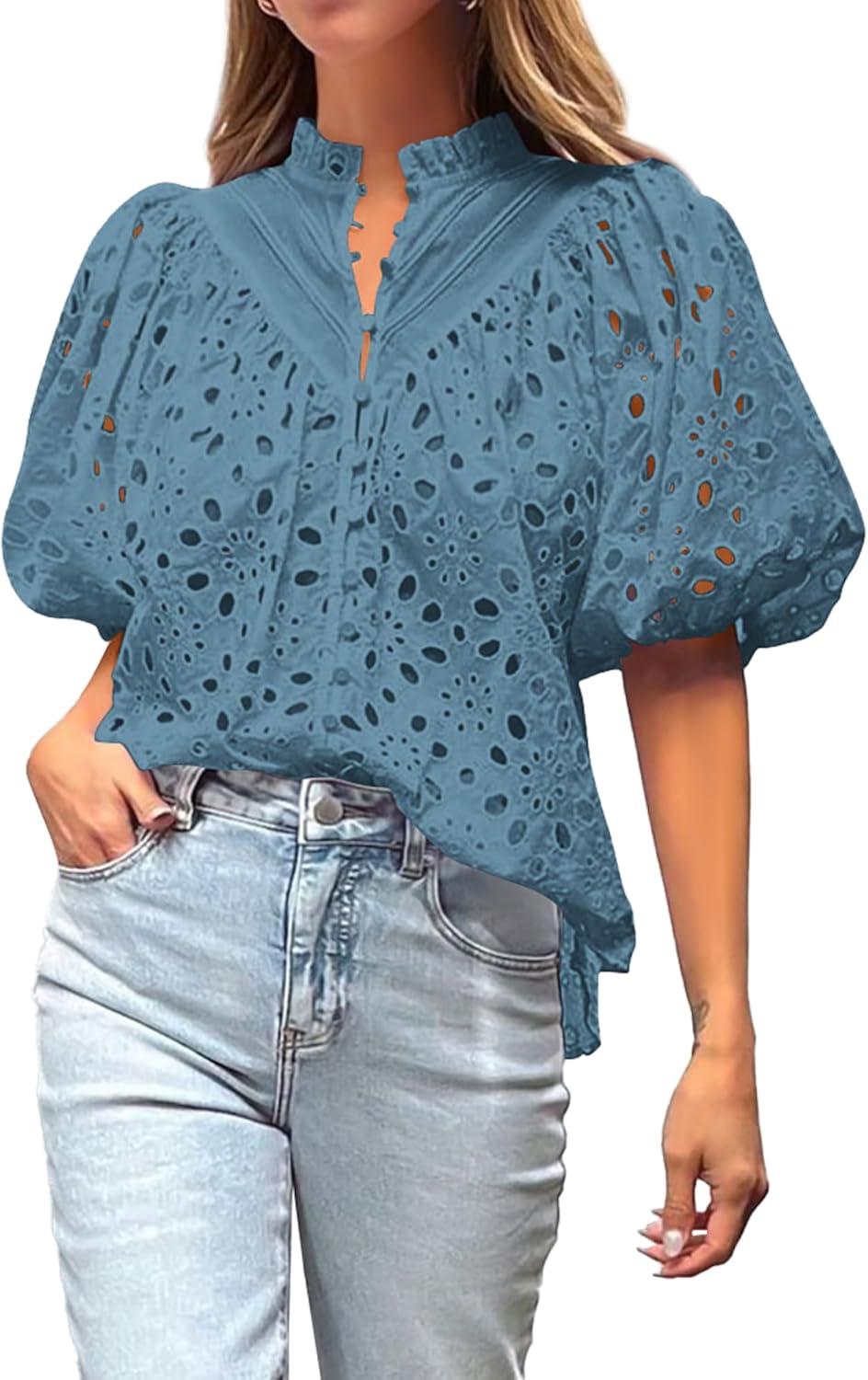 imageBTFBM Womens Blouses Summer Hollow Out Eyelet Embroidery Tops V Neck Buttons Puff Sleeve Boho Shirts Spring Fashion 2026Grey Blue
