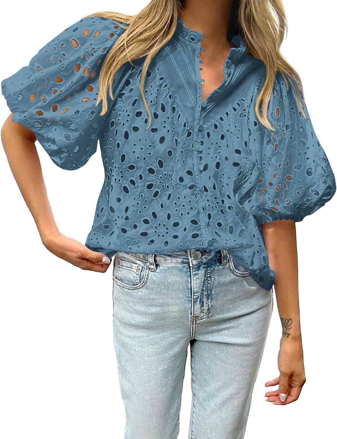 imageBTFBM Womens Blouses Summer Hollow Out Eyelet Embroidery Tops V Neck Buttons Puff Sleeve Boho Shirts Spring Fashion 2026Grey Blue