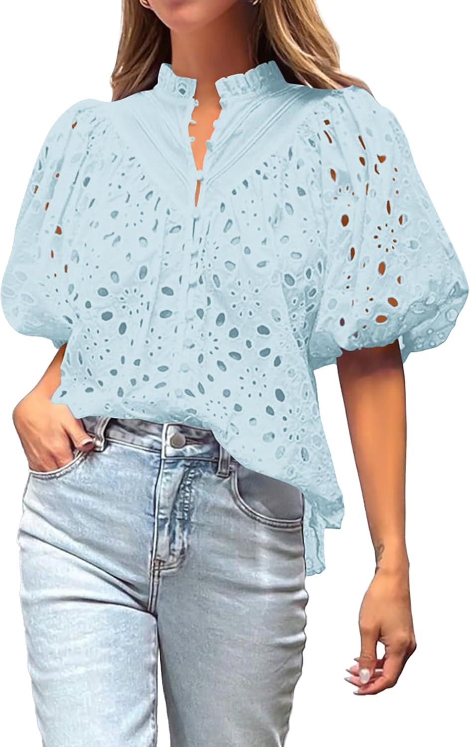 imageBTFBM Womens Blouses Summer Hollow Out Eyelet Embroidery Tops V Neck Buttons Puff Sleeve Boho Shirts Spring Fashion 2026Light Blue