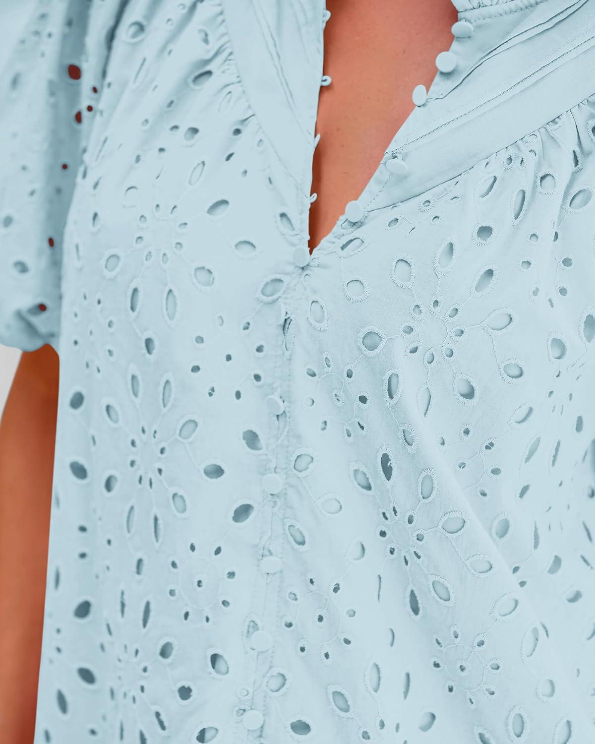 imageBTFBM Womens Blouses Summer Hollow Out Eyelet Embroidery Tops V Neck Buttons Puff Sleeve Boho Shirts Spring Fashion 2026Light Blue