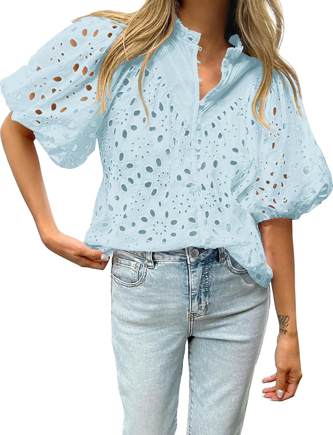 imageBTFBM Womens Blouses Summer Hollow Out Eyelet Embroidery Tops V Neck Buttons Puff Sleeve Boho Shirts Spring Fashion 2026Light Blue
