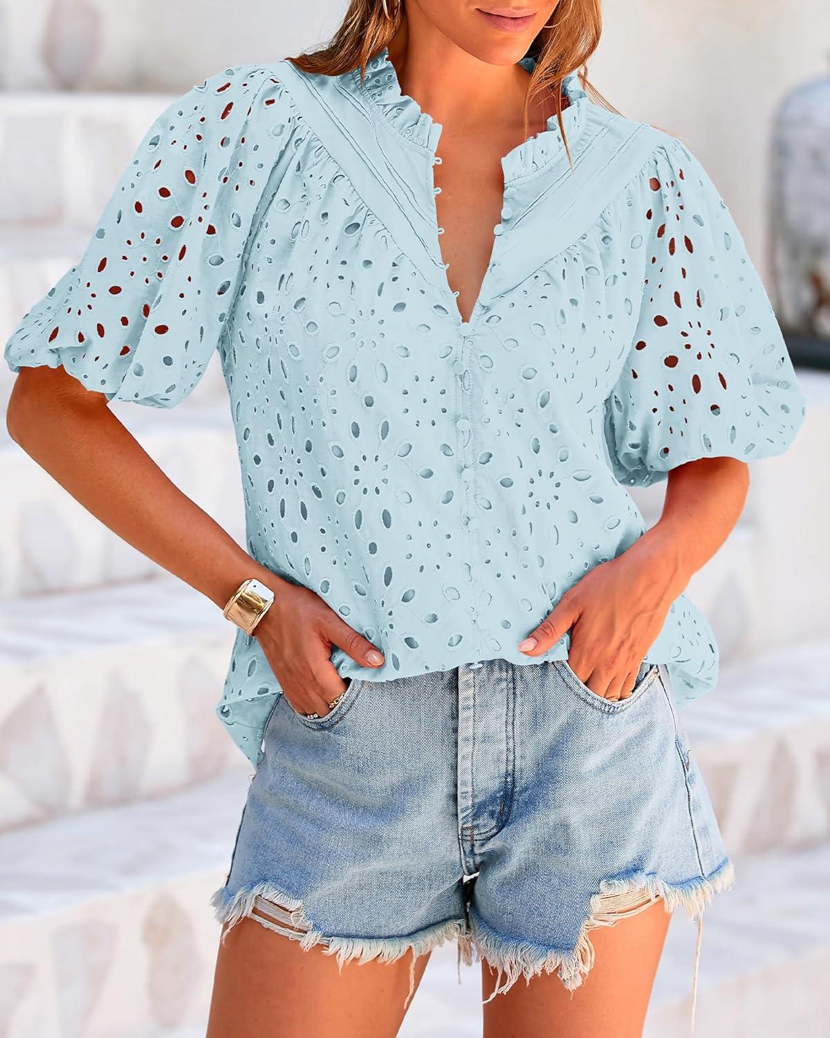 imageBTFBM Womens Blouses Summer Hollow Out Eyelet Embroidery Tops V Neck Buttons Puff Sleeve Boho Shirts Spring Fashion 2026Light Blue