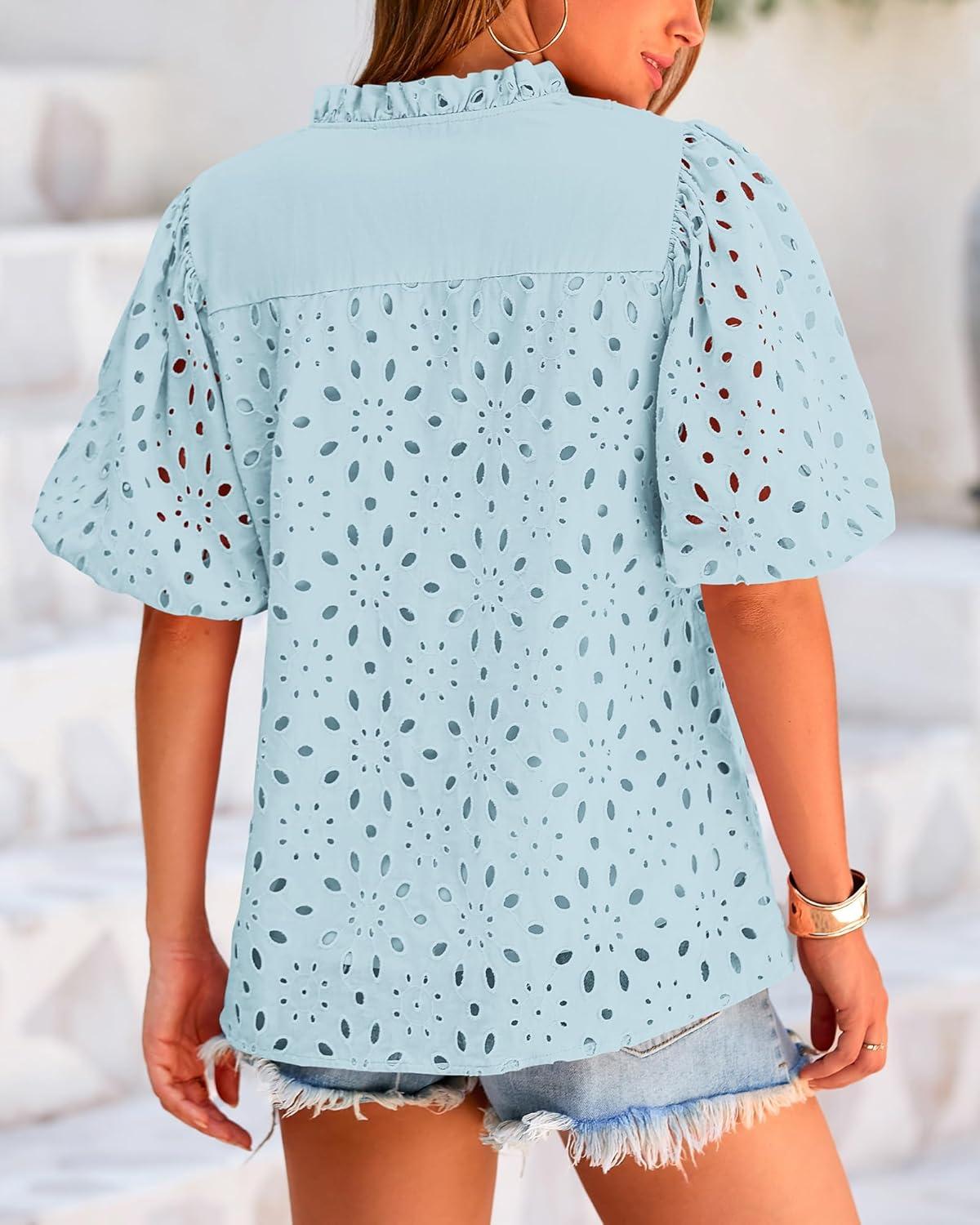 imageBTFBM Womens Blouses Summer Hollow Out Eyelet Embroidery Tops V Neck Buttons Puff Sleeve Boho Shirts Spring Fashion 2026Light Blue