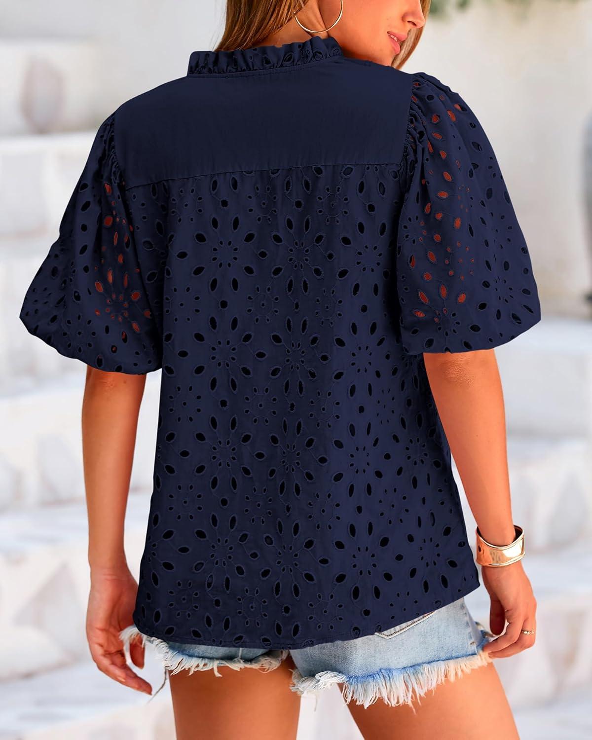 imageBTFBM Womens Blouses Summer Hollow Out Eyelet Embroidery Tops V Neck Buttons Puff Sleeve Boho Shirts Spring Fashion 2026Navy