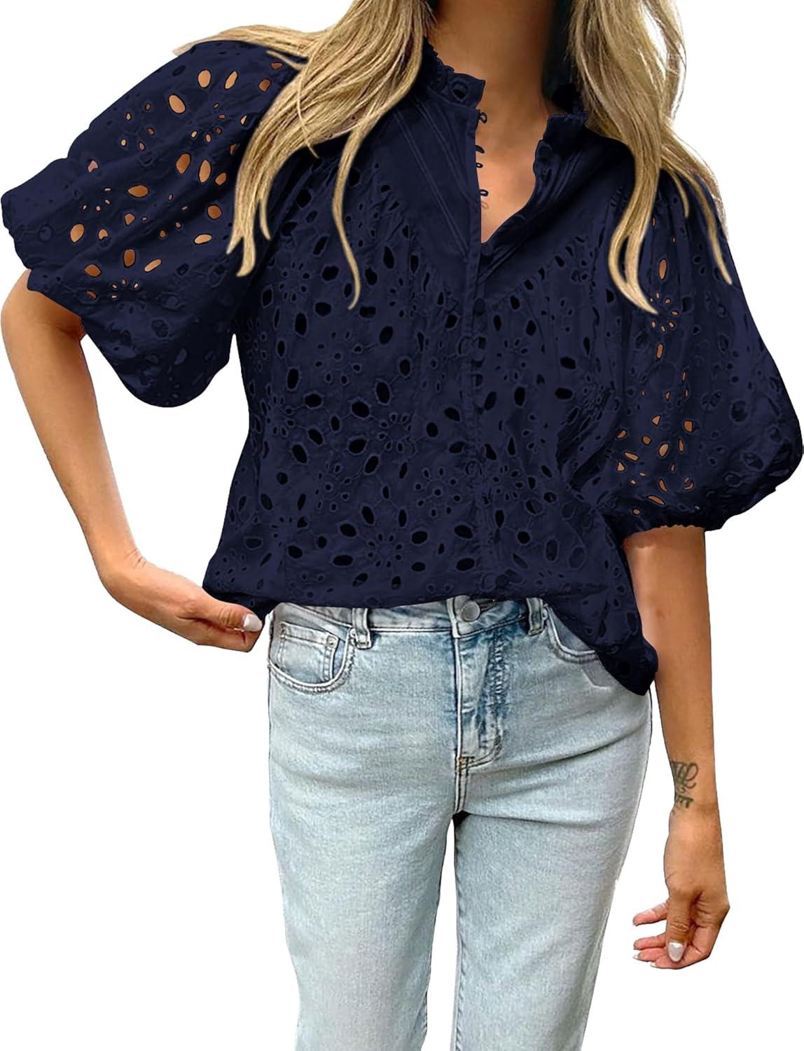 imageBTFBM Womens Blouses Summer Hollow Out Eyelet Embroidery Tops V Neck Buttons Puff Sleeve Boho Shirts Spring Fashion 2026Navy