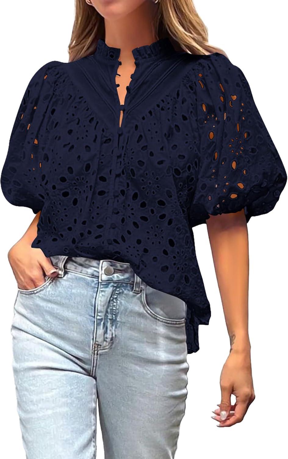 imageBTFBM Womens Blouses Summer Hollow Out Eyelet Embroidery Tops V Neck Buttons Puff Sleeve Boho Shirts Spring Fashion 2026Navy