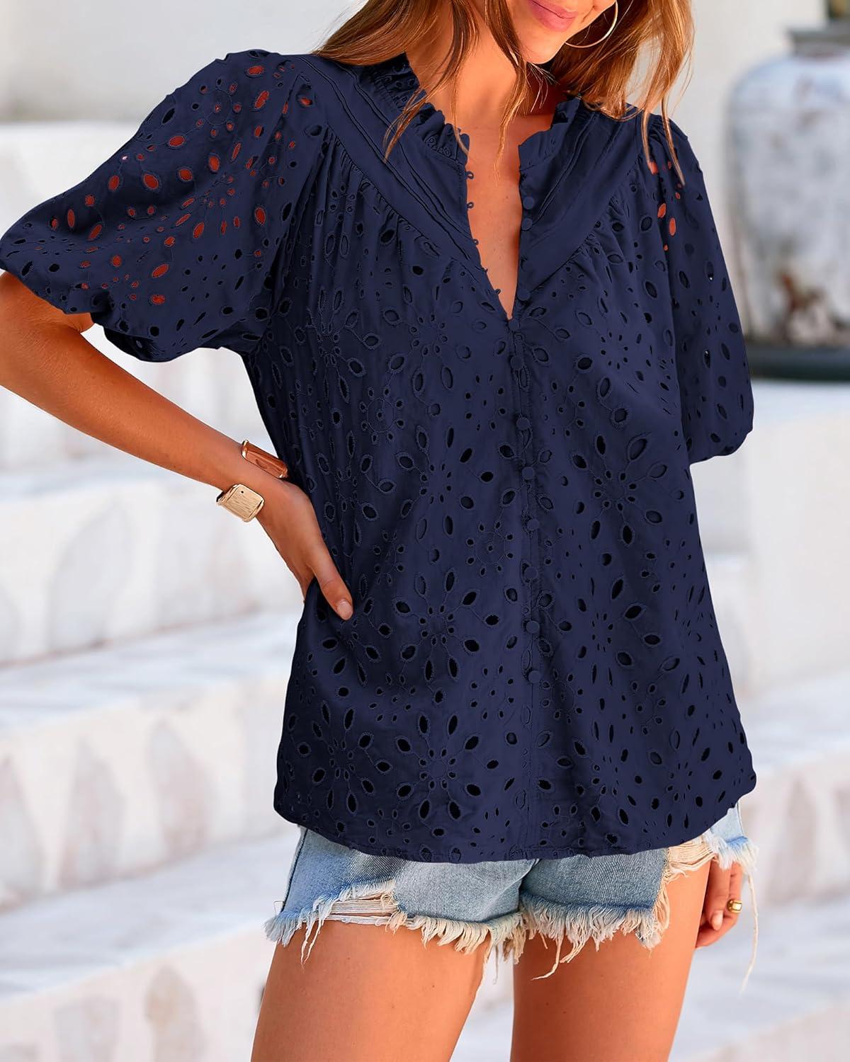imageBTFBM Womens Blouses Summer Hollow Out Eyelet Embroidery Tops V Neck Buttons Puff Sleeve Boho Shirts Spring Fashion 2026Navy