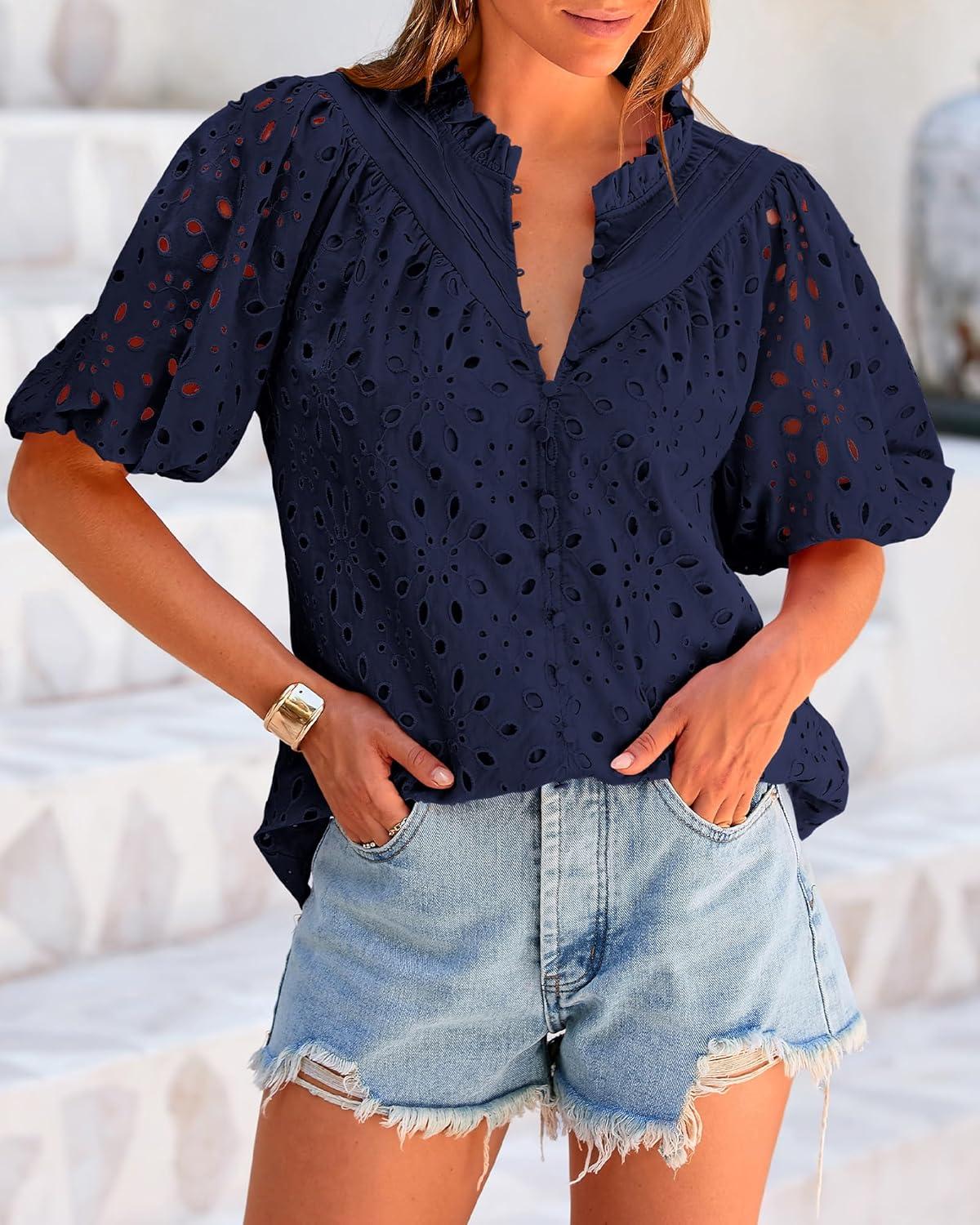 imageBTFBM Womens Blouses Summer Hollow Out Eyelet Embroidery Tops V Neck Buttons Puff Sleeve Boho Shirts Spring Fashion 2026Navy