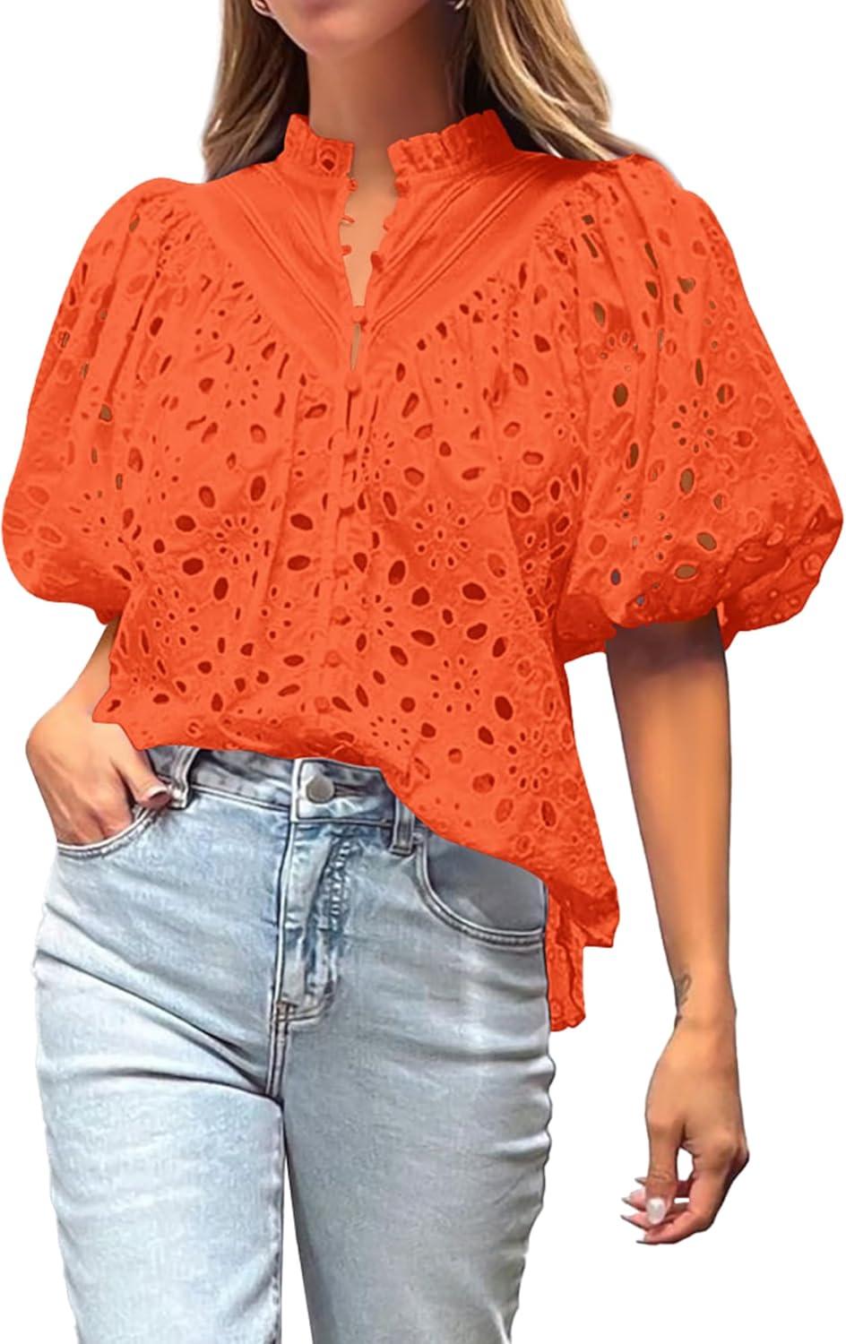imageBTFBM Womens Blouses Summer Hollow Out Eyelet Embroidery Tops V Neck Buttons Puff Sleeve Boho Shirts Spring Fashion 2026Orange