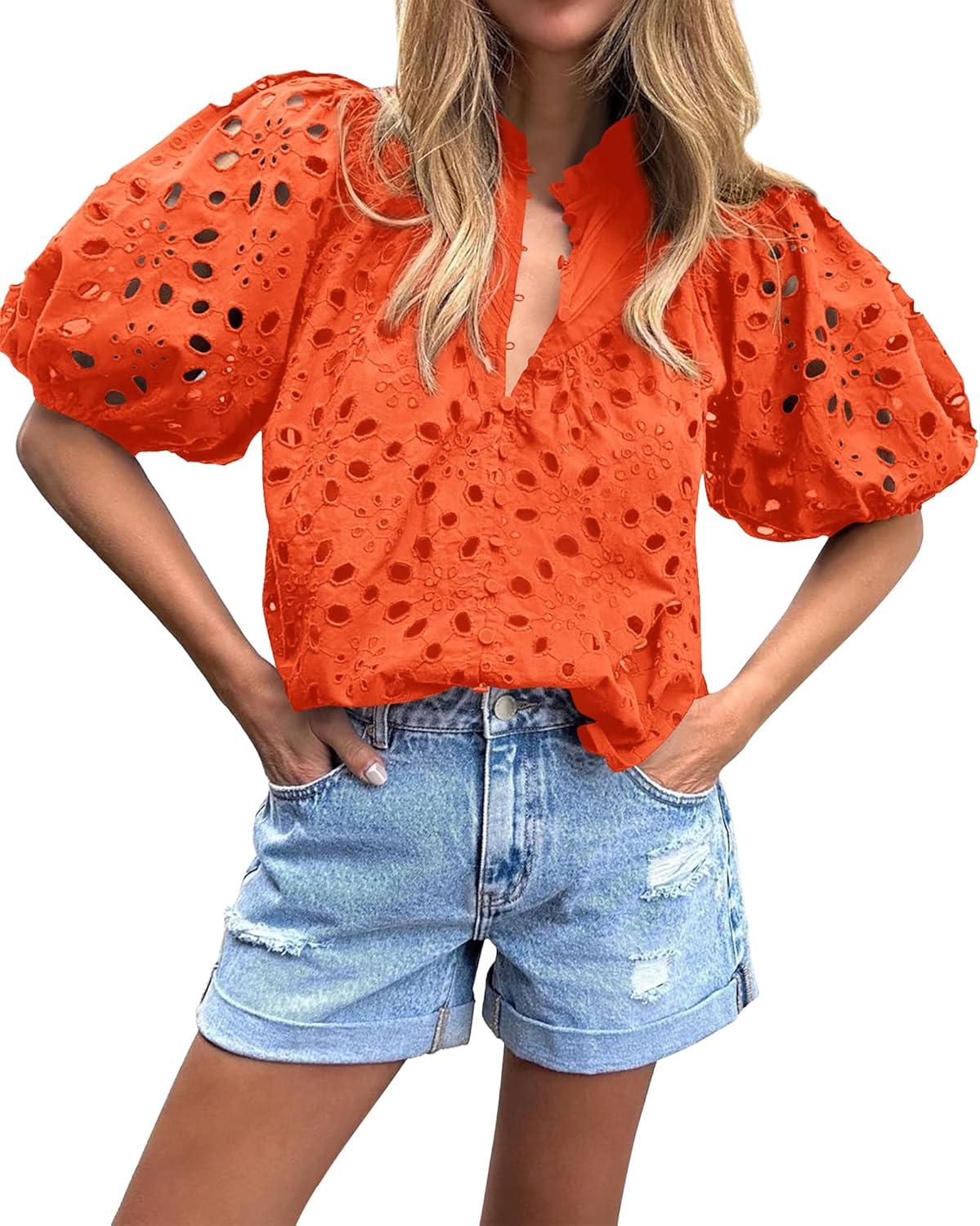 imageBTFBM Womens Blouses Summer Hollow Out Eyelet Embroidery Tops V Neck Buttons Puff Sleeve Boho Shirts Spring Fashion 2026Orange