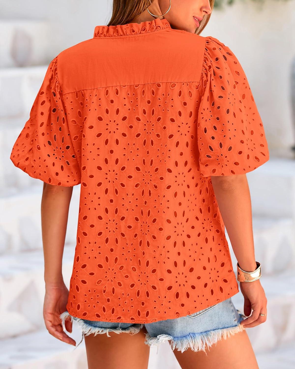 imageBTFBM Womens Blouses Summer Hollow Out Eyelet Embroidery Tops V Neck Buttons Puff Sleeve Boho Shirts Spring Fashion 2026Orange