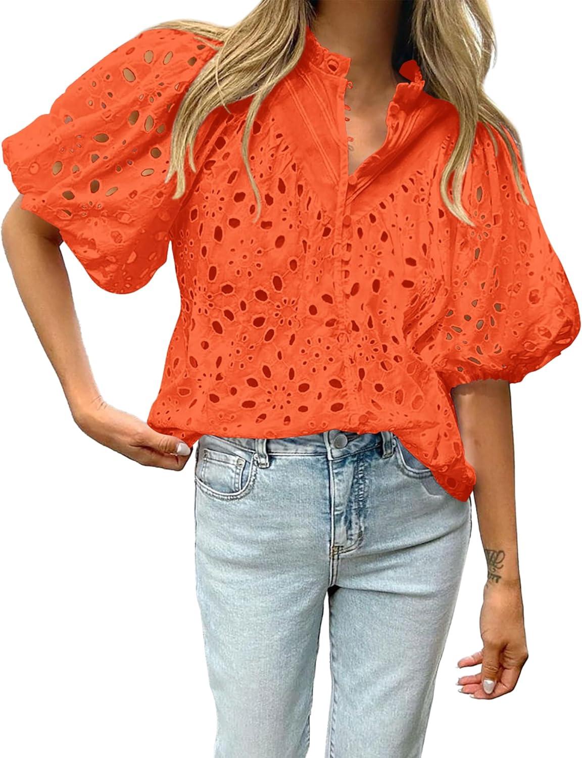 imageBTFBM Womens Blouses Summer Hollow Out Eyelet Embroidery Tops V Neck Buttons Puff Sleeve Boho Shirts Spring Fashion 2026Orange