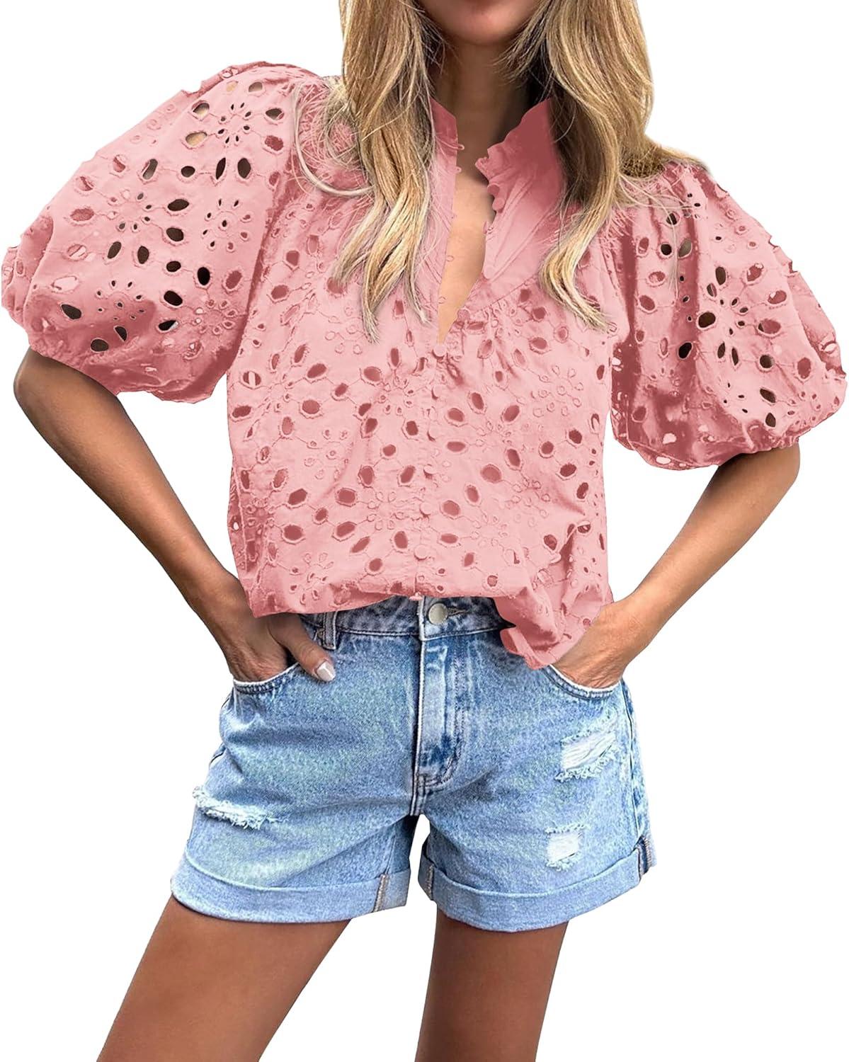 imageBTFBM Womens Blouses Summer Hollow Out Eyelet Embroidery Tops V Neck Buttons Puff Sleeve Boho Shirts Spring Fashion 2026Pink