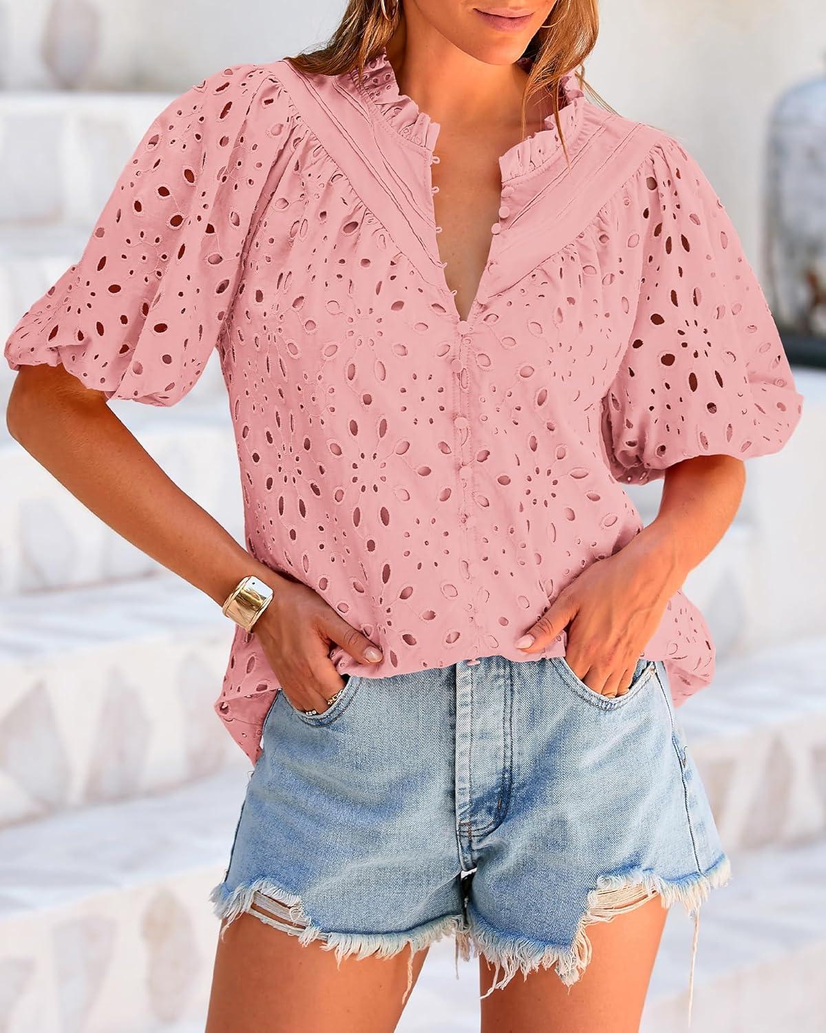 imageBTFBM Womens Blouses Summer Hollow Out Eyelet Embroidery Tops V Neck Buttons Puff Sleeve Boho Shirts Spring Fashion 2026Pink