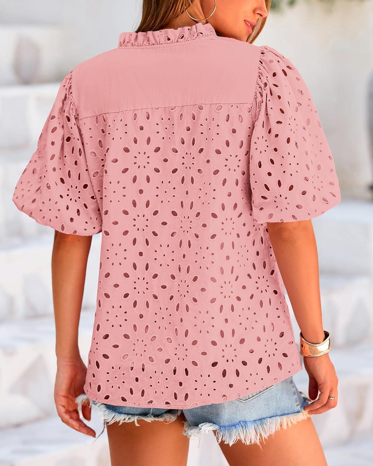 imageBTFBM Womens Blouses Summer Hollow Out Eyelet Embroidery Tops V Neck Buttons Puff Sleeve Boho Shirts Spring Fashion 2026Pink