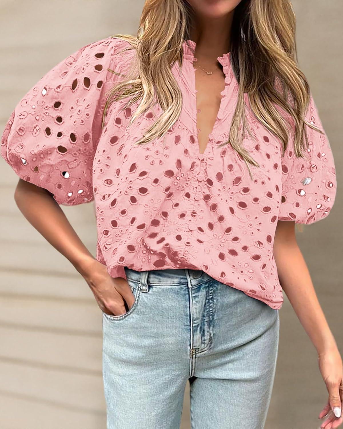 imageBTFBM Womens Blouses Summer Hollow Out Eyelet Embroidery Tops V Neck Buttons Puff Sleeve Boho Shirts Spring Fashion 2026Pink