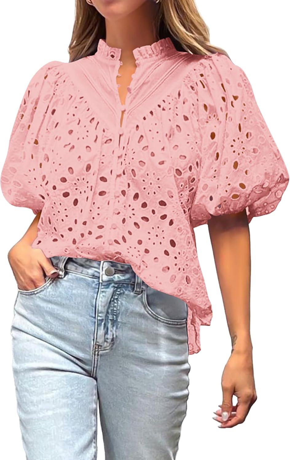 imageBTFBM Womens Blouses Summer Hollow Out Eyelet Embroidery Tops V Neck Buttons Puff Sleeve Boho Shirts Spring Fashion 2026Pink