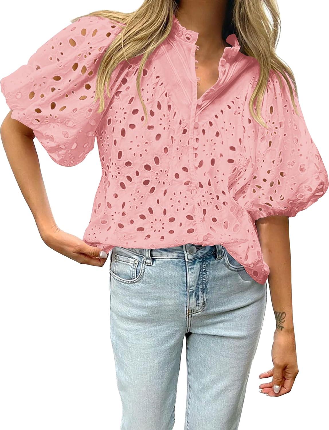 imageBTFBM Womens Blouses Summer Hollow Out Eyelet Embroidery Tops V Neck Buttons Puff Sleeve Boho Shirts Spring Fashion 2026Pink