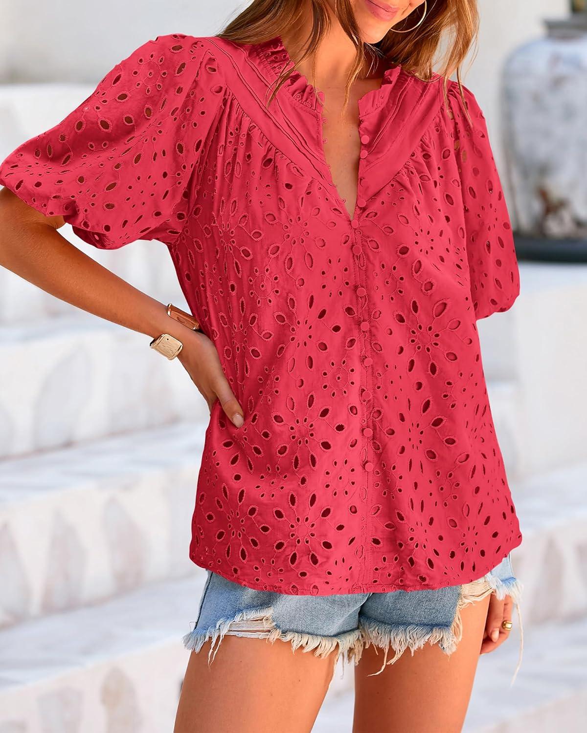 imageBTFBM Womens Blouses Summer Hollow Out Eyelet Embroidery Tops V Neck Buttons Puff Sleeve Boho Shirts Spring Fashion 2026Red