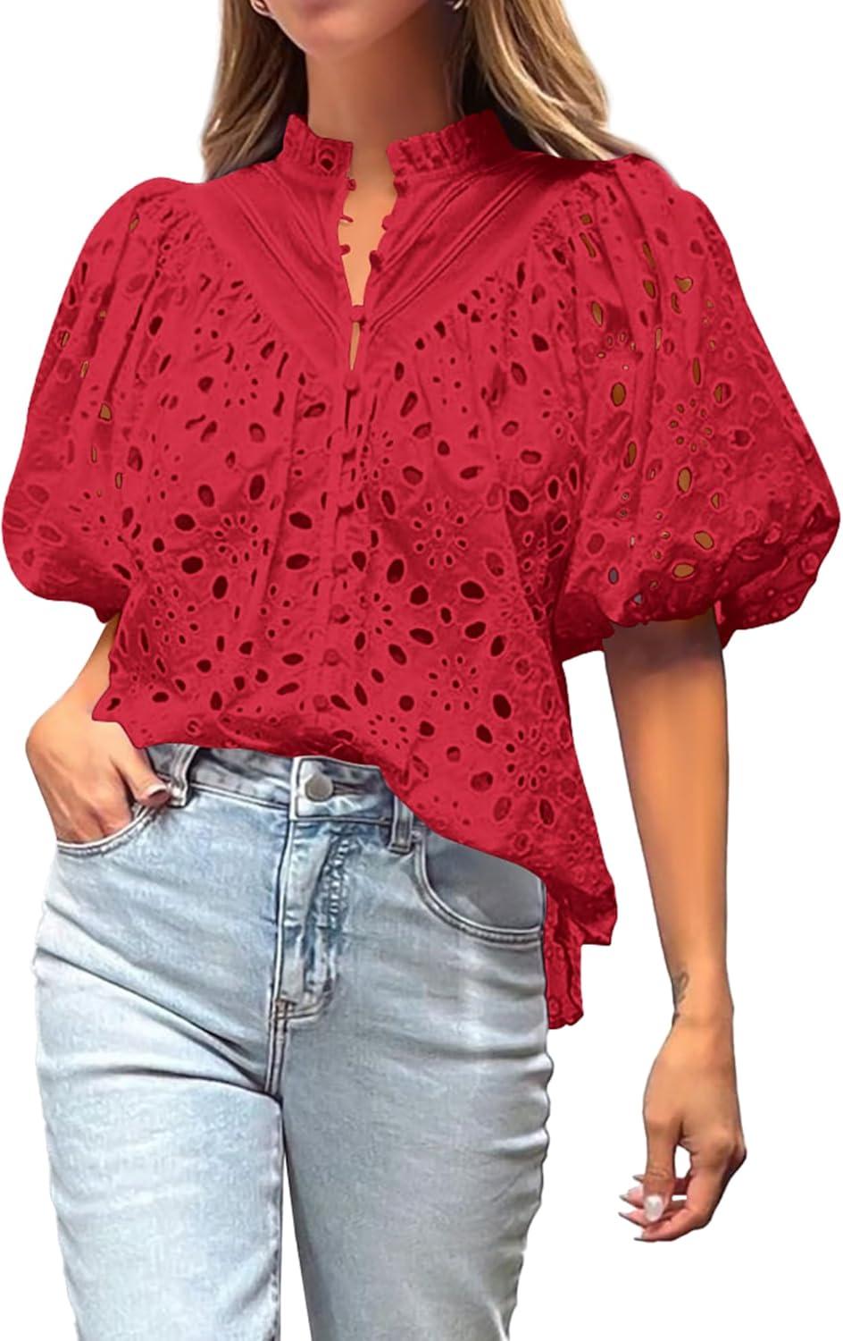 imageBTFBM Womens Blouses Summer Hollow Out Eyelet Embroidery Tops V Neck Buttons Puff Sleeve Boho Shirts Spring Fashion 2026Red