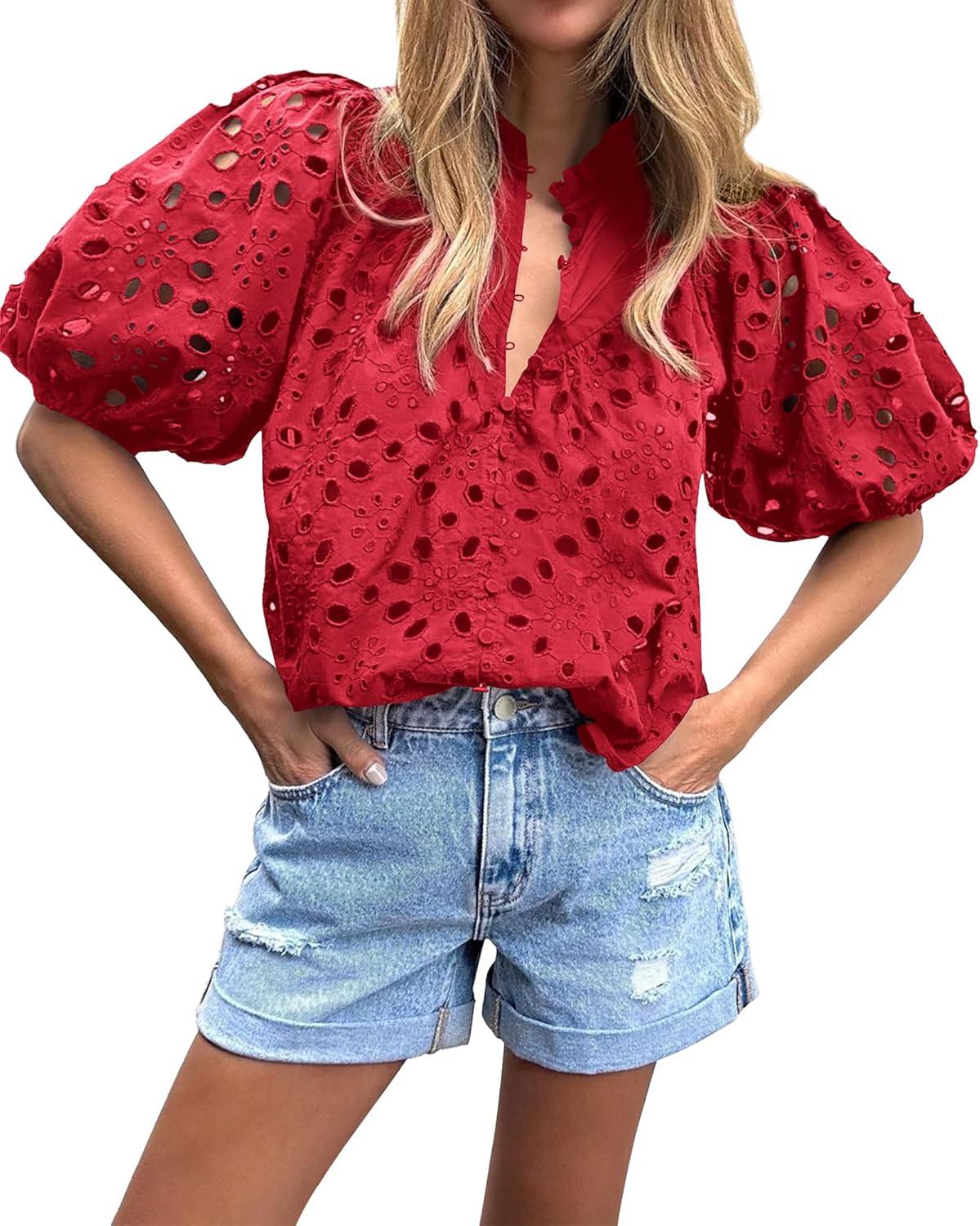 imageBTFBM Womens Blouses Summer Hollow Out Eyelet Embroidery Tops V Neck Buttons Puff Sleeve Boho Shirts Spring Fashion 2026Red