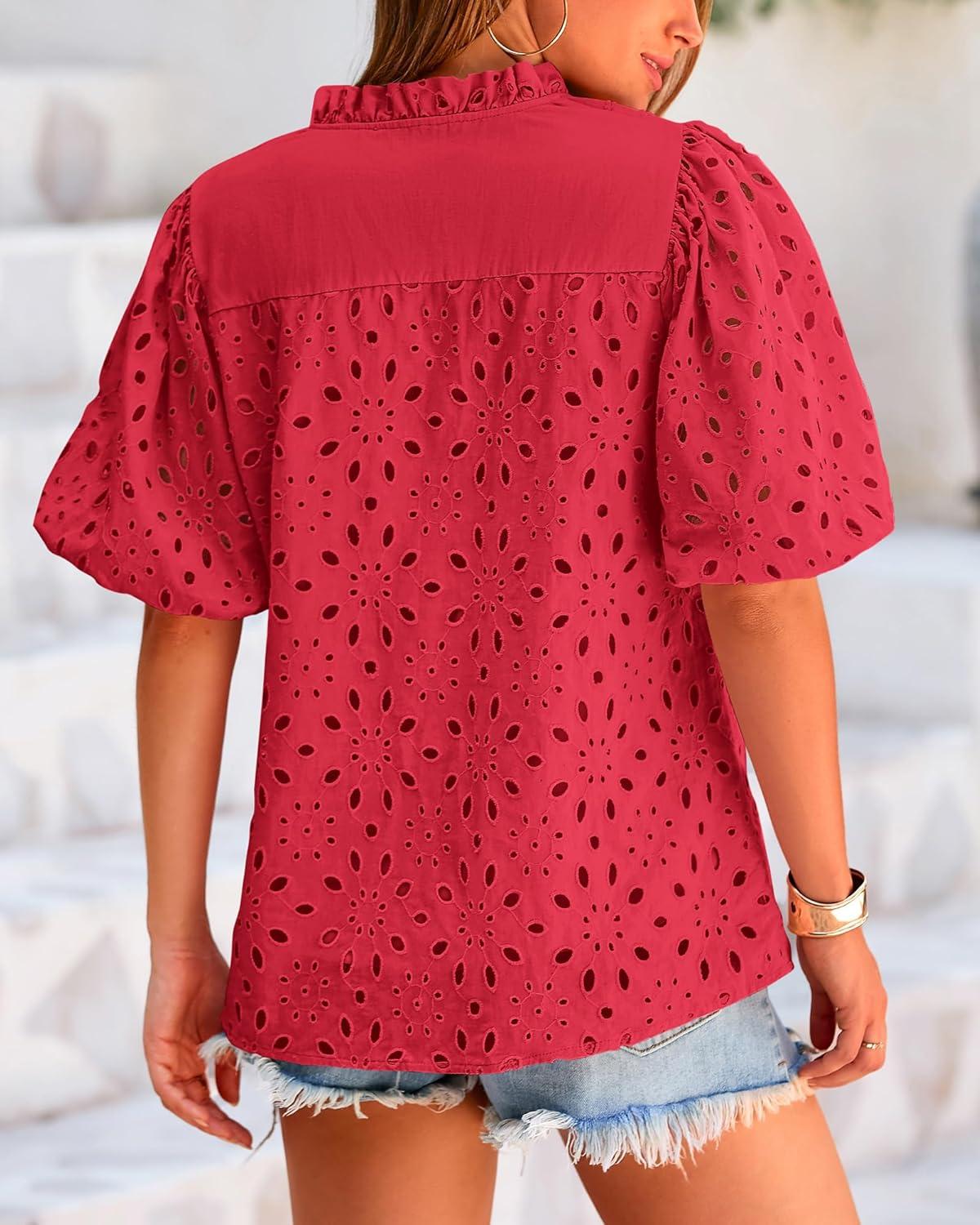 imageBTFBM Womens Blouses Summer Hollow Out Eyelet Embroidery Tops V Neck Buttons Puff Sleeve Boho Shirts Spring Fashion 2026Red