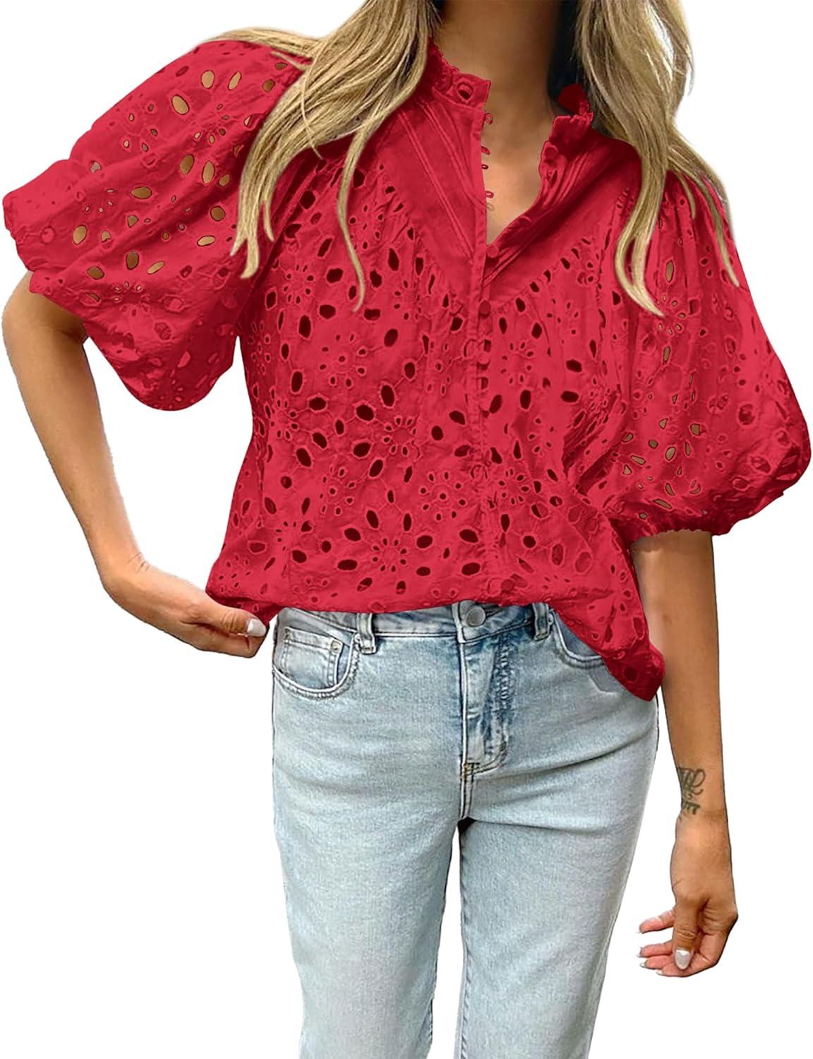 imageBTFBM Womens Blouses Summer Hollow Out Eyelet Embroidery Tops V Neck Buttons Puff Sleeve Boho Shirts Spring Fashion 2026Red