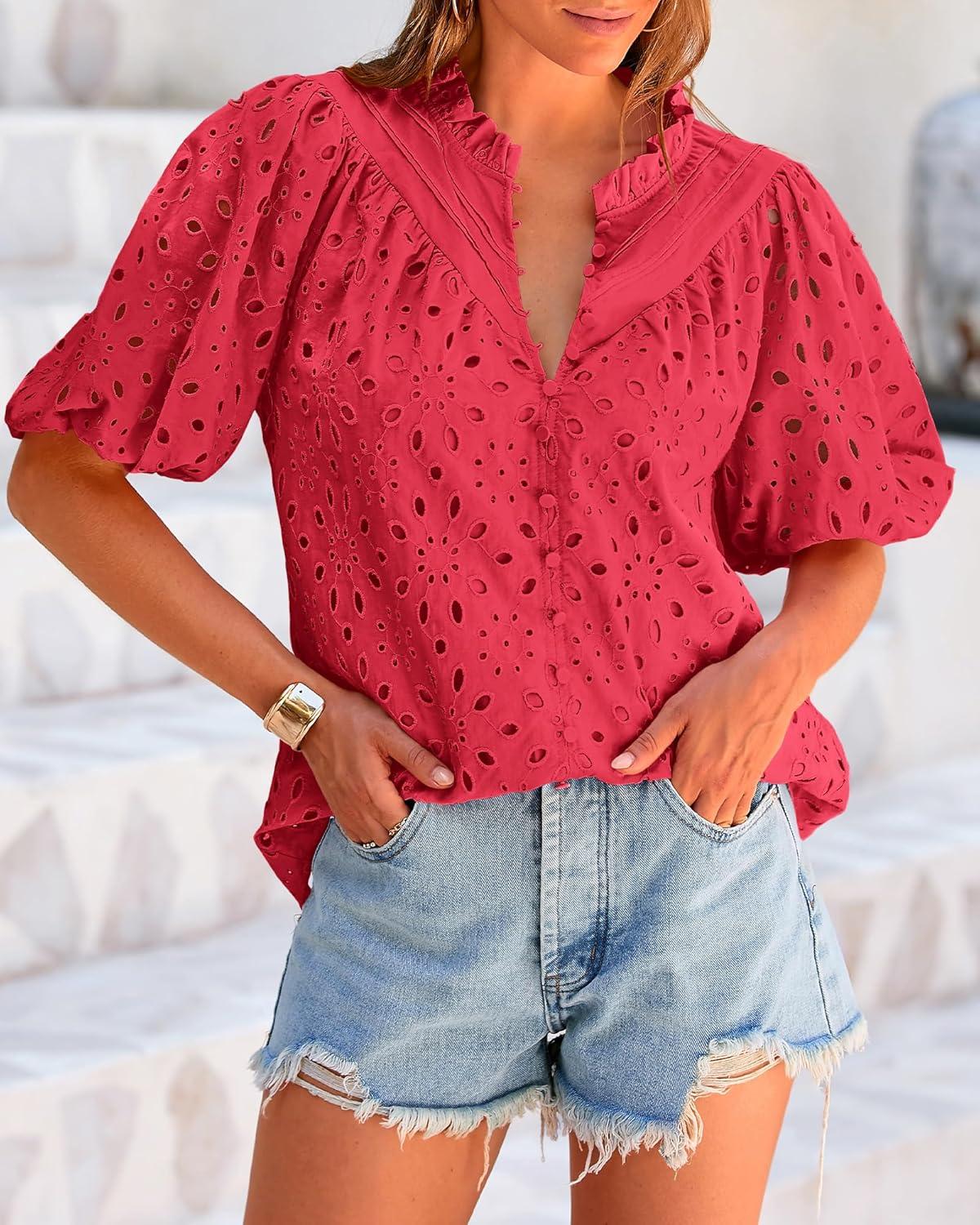imageBTFBM Womens Blouses Summer Hollow Out Eyelet Embroidery Tops V Neck Buttons Puff Sleeve Boho Shirts Spring Fashion 2026Red