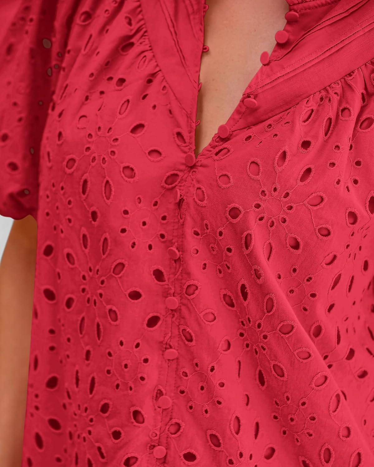 imageBTFBM Womens Blouses Summer Hollow Out Eyelet Embroidery Tops V Neck Buttons Puff Sleeve Boho Shirts Spring Fashion 2026Red