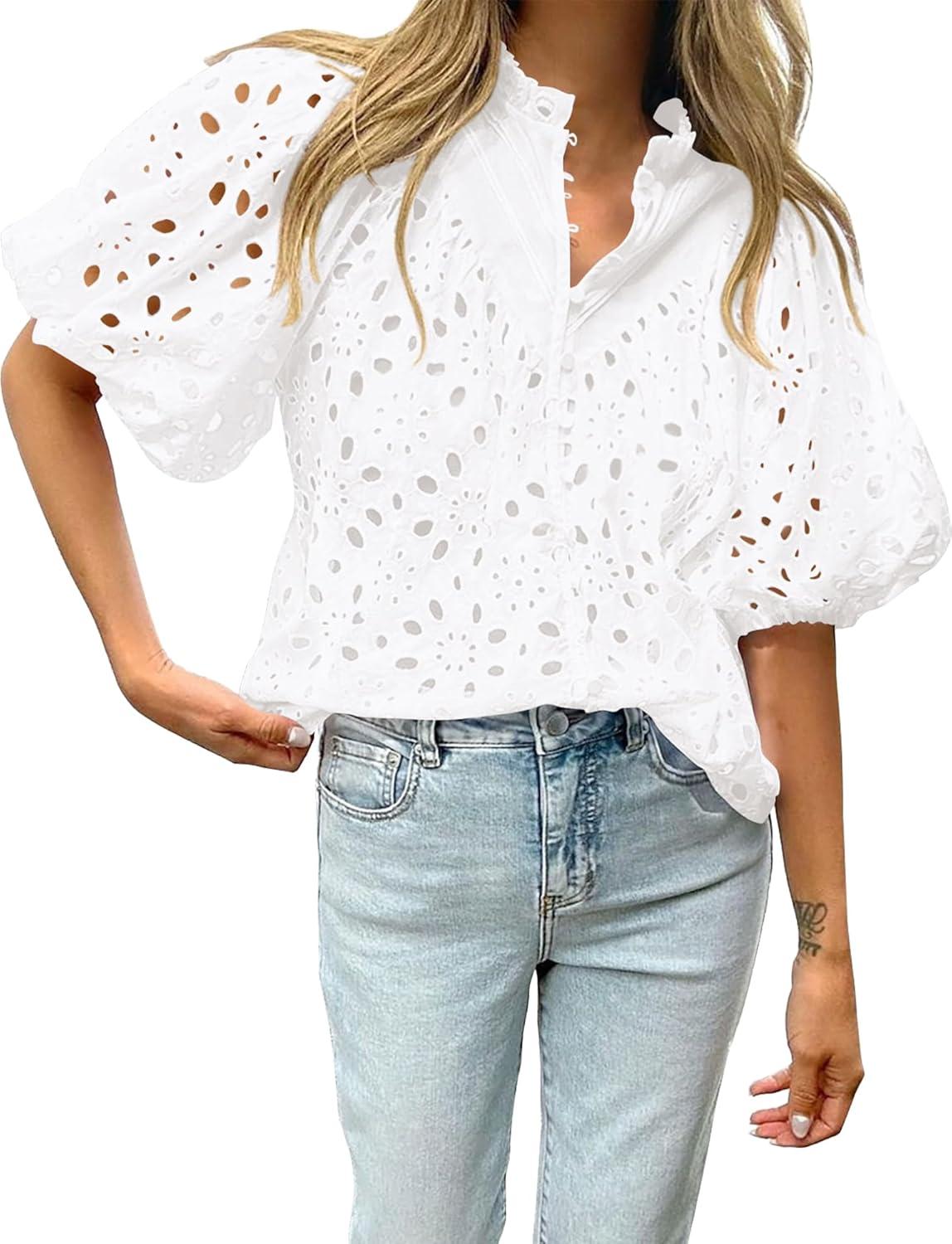 imageBTFBM Womens Blouses Summer Hollow Out Eyelet Embroidery Tops V Neck Buttons Puff Sleeve Boho Shirts Spring Fashion 2026White