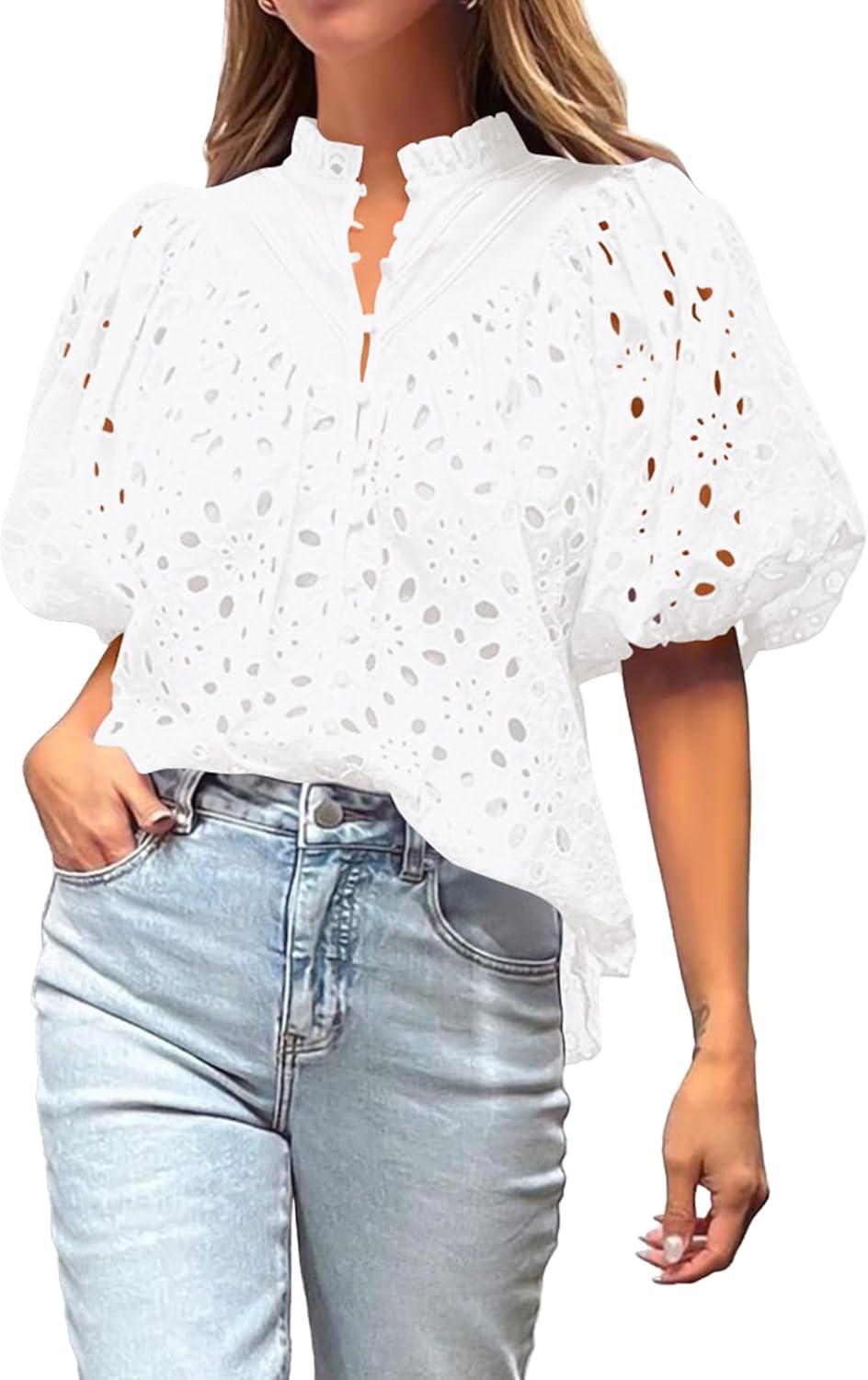 imageBTFBM Womens Blouses Summer Hollow Out Eyelet Embroidery Tops V Neck Buttons Puff Sleeve Boho Shirts Spring Fashion 2026White