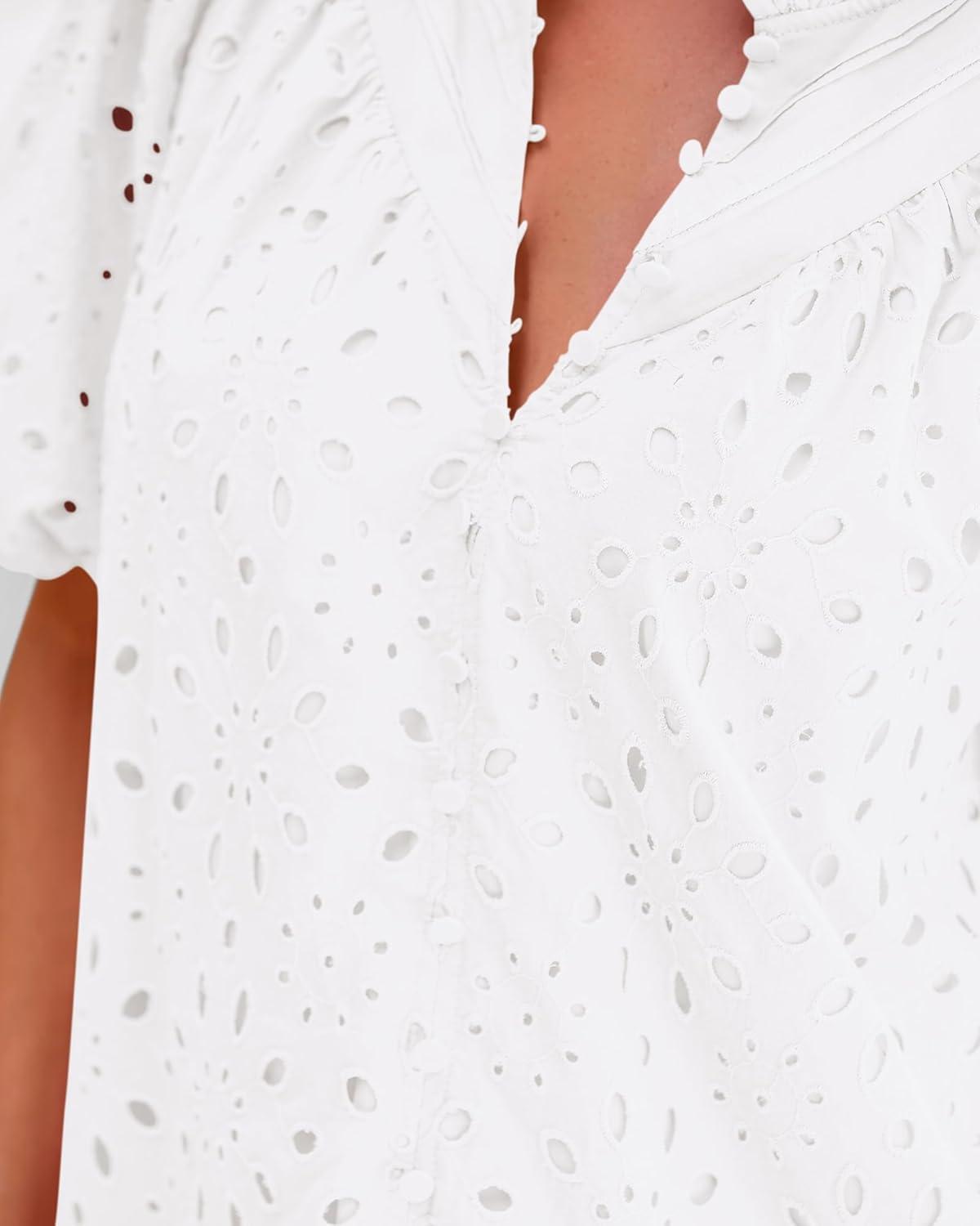 imageBTFBM Womens Blouses Summer Hollow Out Eyelet Embroidery Tops V Neck Buttons Puff Sleeve Boho Shirts Spring Fashion 2026White