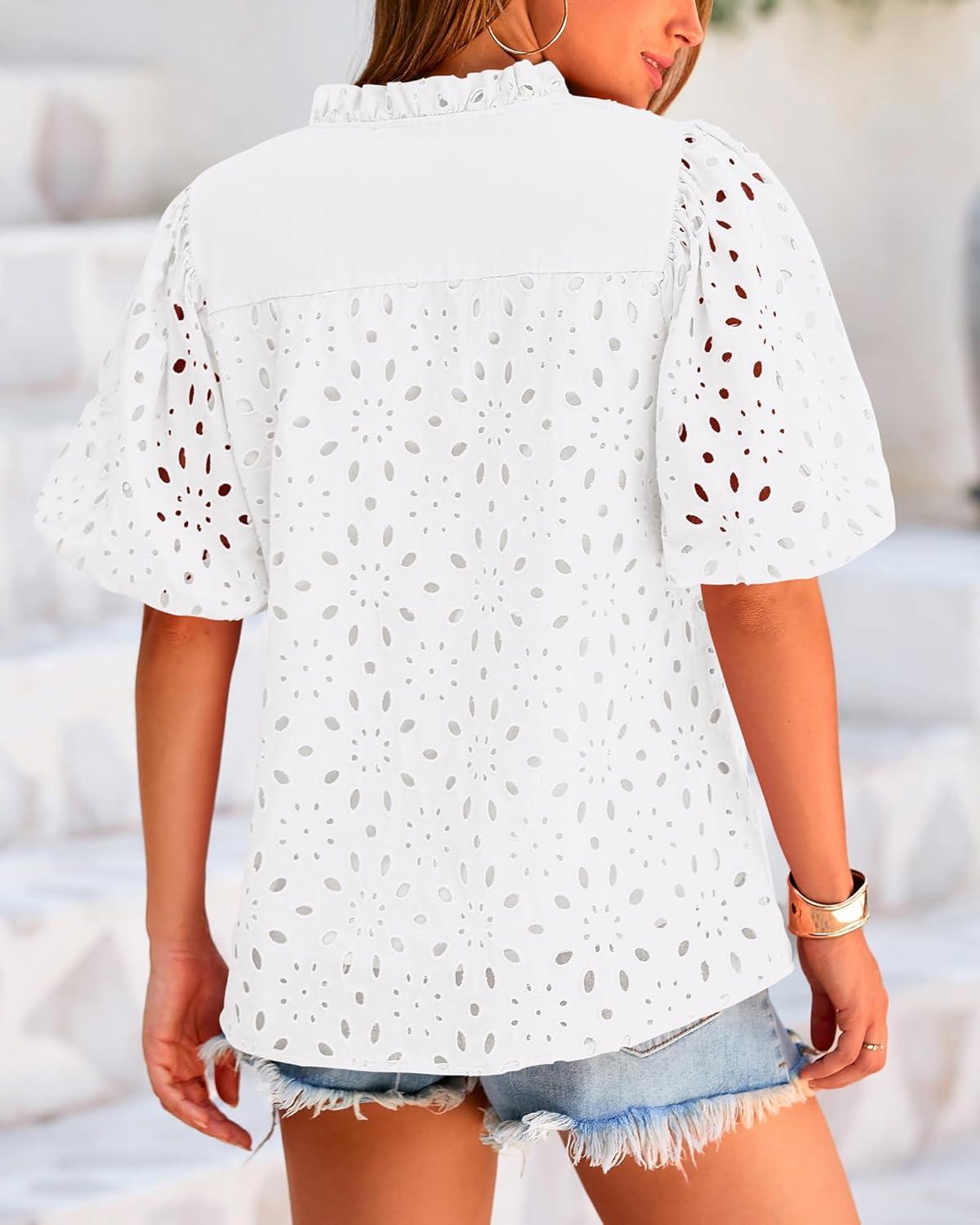imageBTFBM Womens Blouses Summer Hollow Out Eyelet Embroidery Tops V Neck Buttons Puff Sleeve Boho Shirts Spring Fashion 2026White