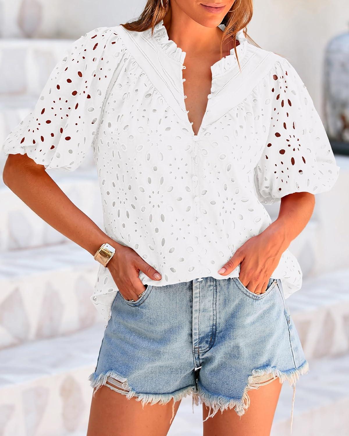 imageBTFBM Womens Blouses Summer Hollow Out Eyelet Embroidery Tops V Neck Buttons Puff Sleeve Boho Shirts Spring Fashion 2026White