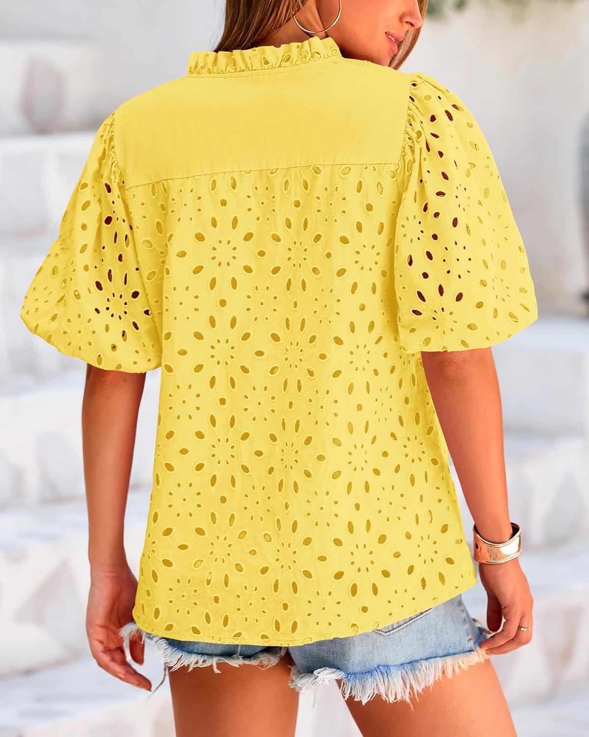 imageBTFBM Womens Blouses Summer Hollow Out Eyelet Embroidery Tops V Neck Buttons Puff Sleeve Boho Shirts Spring Fashion 2026Yellow