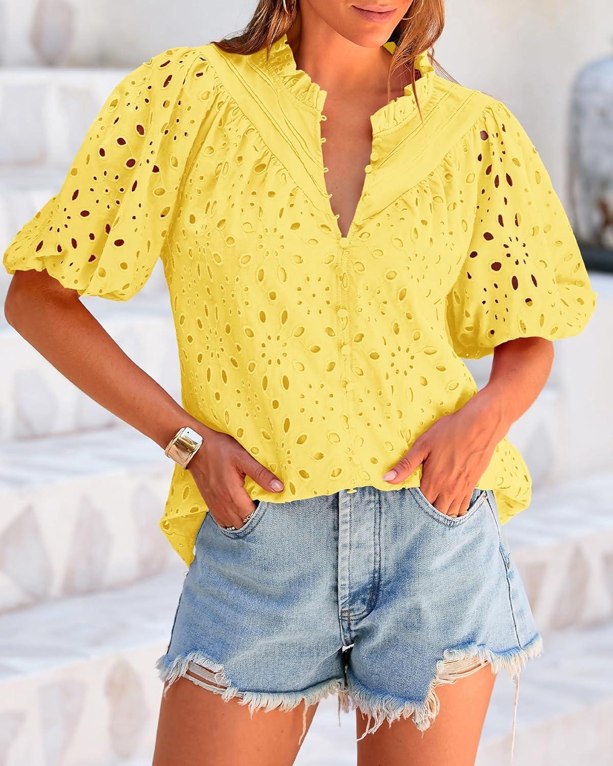 imageBTFBM Womens Blouses Summer Hollow Out Eyelet Embroidery Tops V Neck Buttons Puff Sleeve Boho Shirts Spring Fashion 2026Yellow