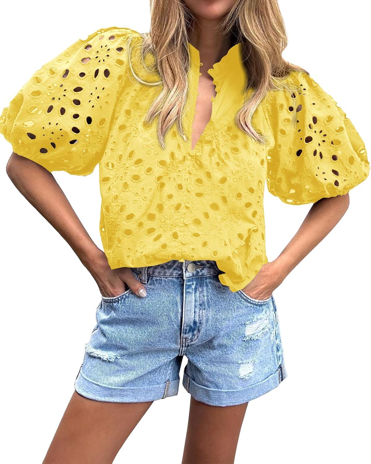 imageBTFBM Womens Blouses Summer Hollow Out Eyelet Embroidery Tops V Neck Buttons Puff Sleeve Boho Shirts Spring Fashion 2026Yellow