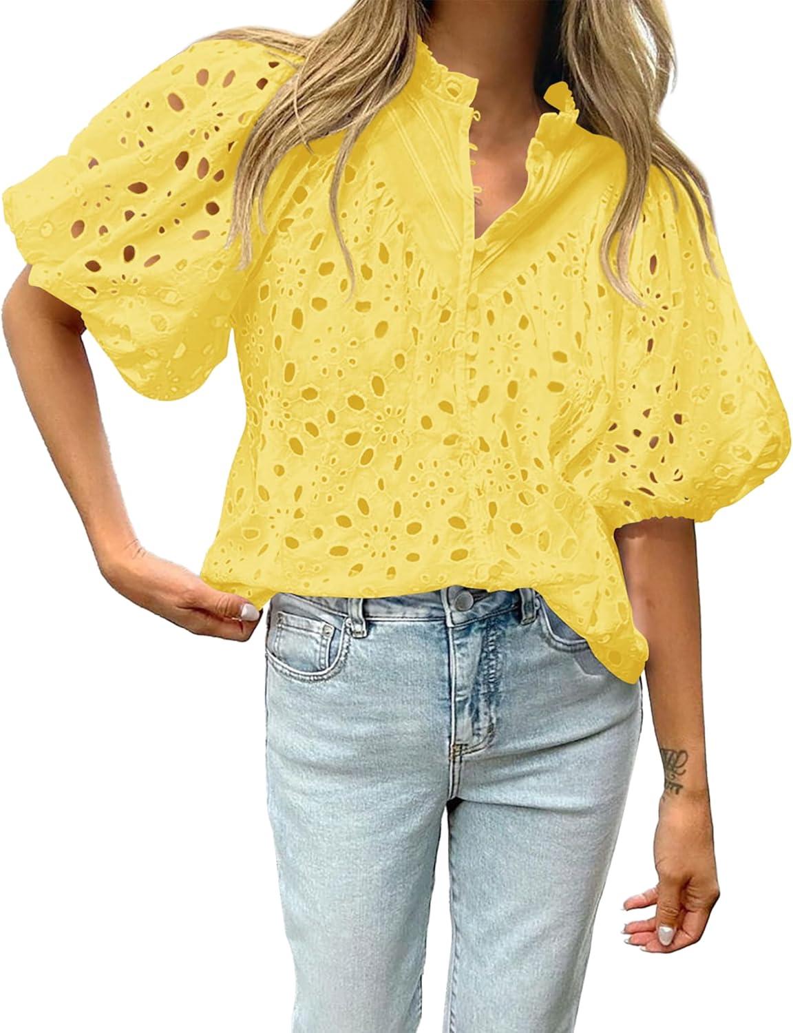 imageBTFBM Womens Blouses Summer Hollow Out Eyelet Embroidery Tops V Neck Buttons Puff Sleeve Boho Shirts Spring Fashion 2026Yellow