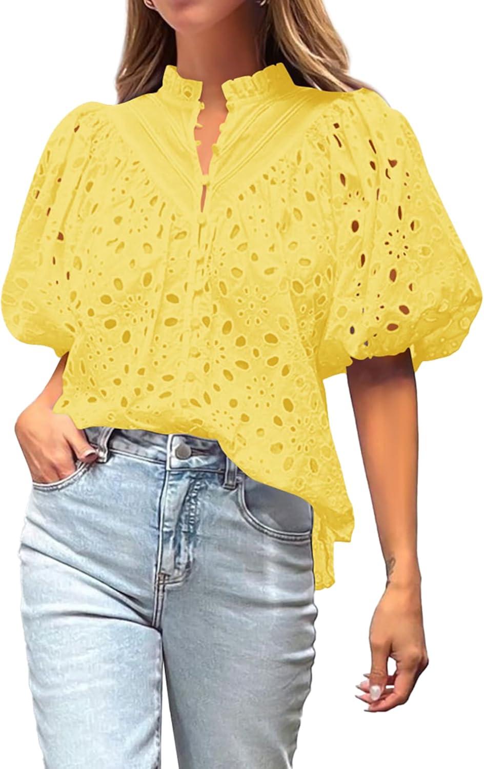 imageBTFBM Womens Blouses Summer Hollow Out Eyelet Embroidery Tops V Neck Buttons Puff Sleeve Boho Shirts Spring Fashion 2026Yellow