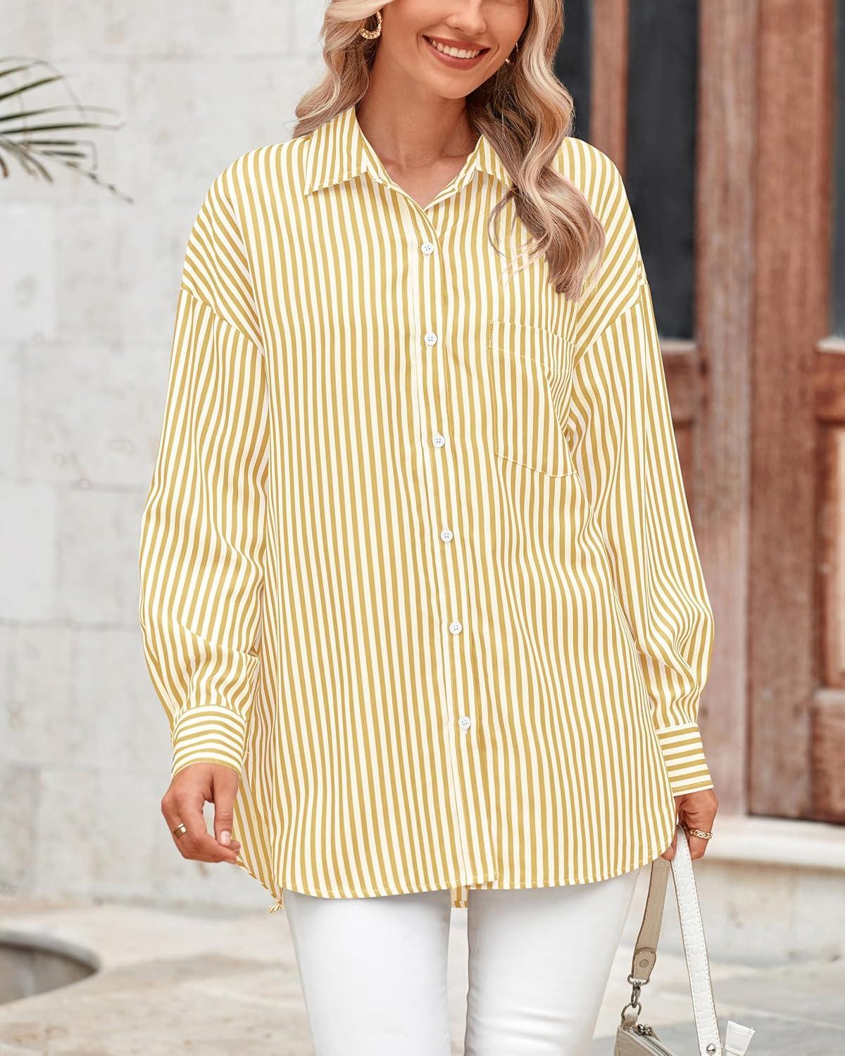 imageBTFBM Womens Button Down Shirts Striped Shirt Long Sleeve Casual Collared Office Work Loose Fit Blouses Tops PocketOrange