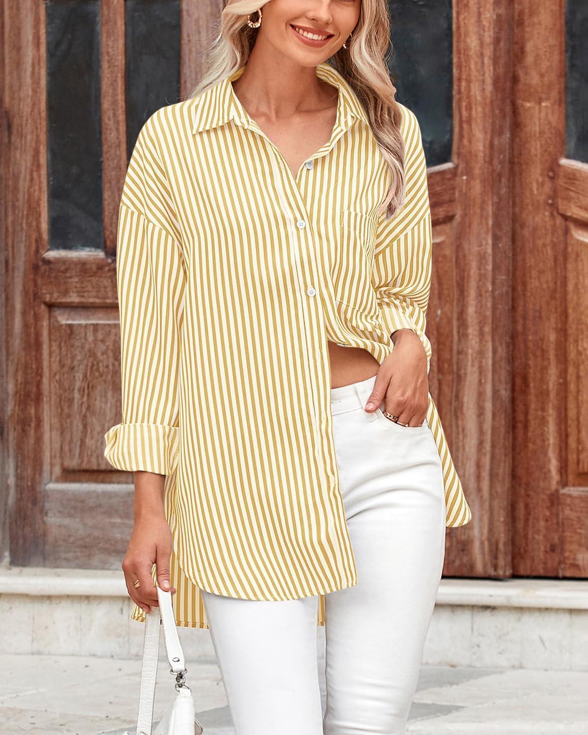 imageBTFBM Womens Button Down Shirts Striped Shirt Long Sleeve Casual Collared Office Work Loose Fit Blouses Tops PocketOrange