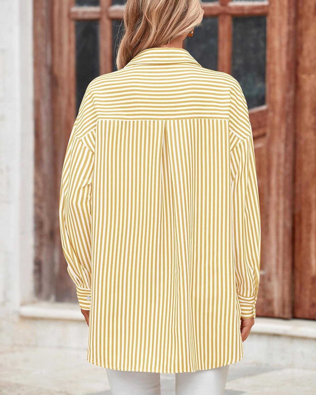 imageBTFBM Womens Button Down Shirts Striped Shirt Long Sleeve Casual Collared Office Work Loose Fit Blouses Tops PocketOrange