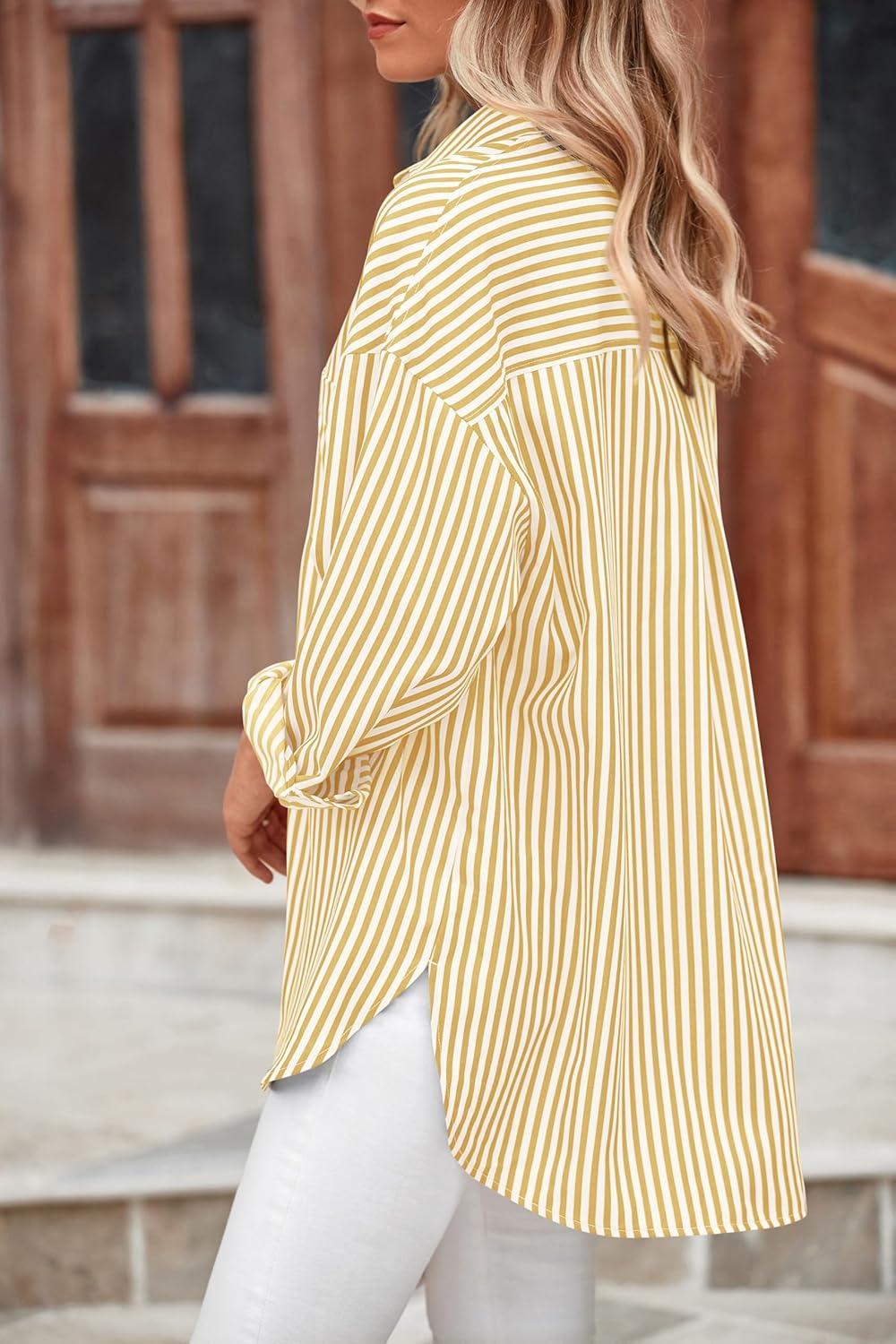 imageBTFBM Womens Button Down Shirts Striped Shirt Long Sleeve Casual Collared Office Work Loose Fit Blouses Tops PocketOrange