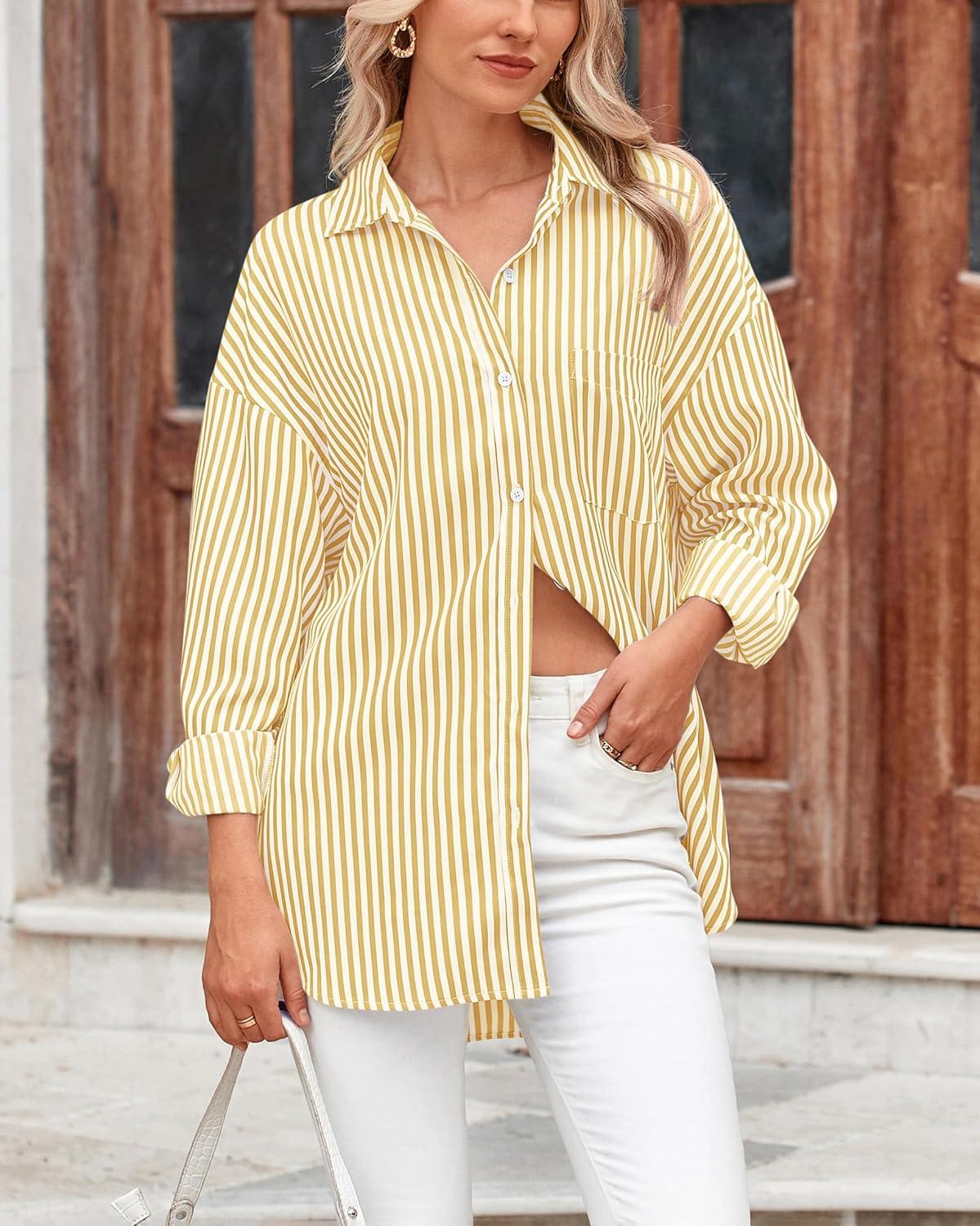imageBTFBM Womens Button Down Shirts Striped Shirt Long Sleeve Casual Collared Office Work Loose Fit Blouses Tops PocketOrange